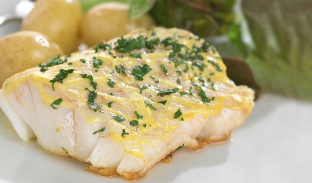 Pan-Fried Cod Steaks with Mustard Glaze