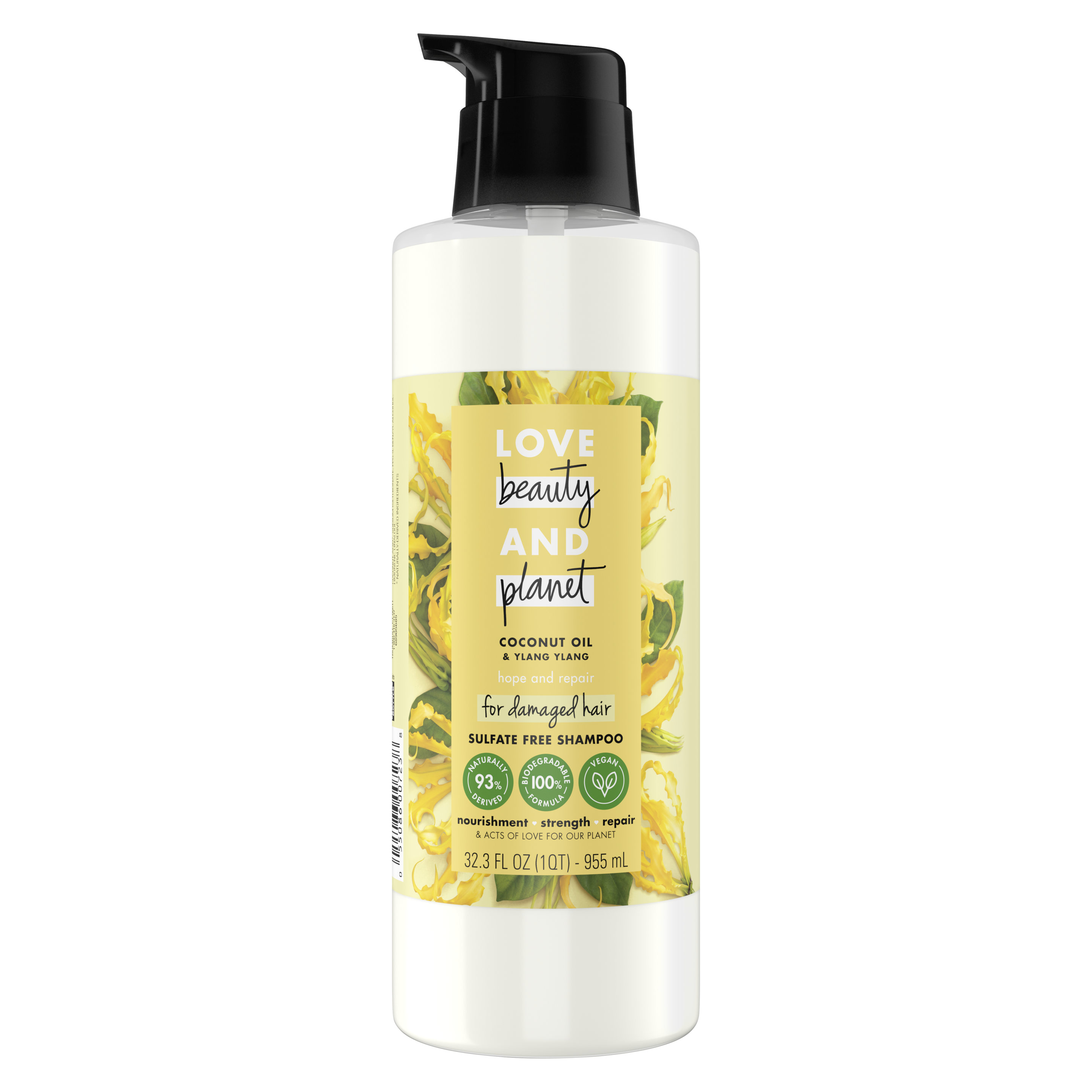 Front of shampoo pack Love Beauty Planet Sulfate Free Coconut Oil & Ylang Ylang Shampoo Hope and Repair 32.3oz