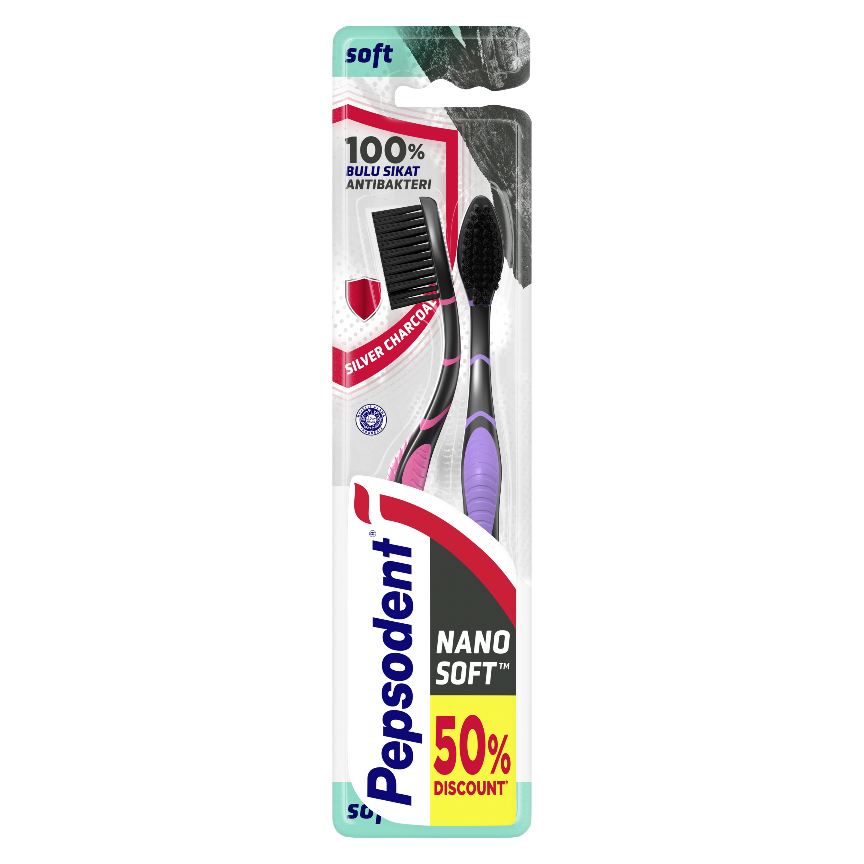Sikat Gigi Pepsodent Antibakteri Nanosoft Silver Charcoal Multipack isi 2