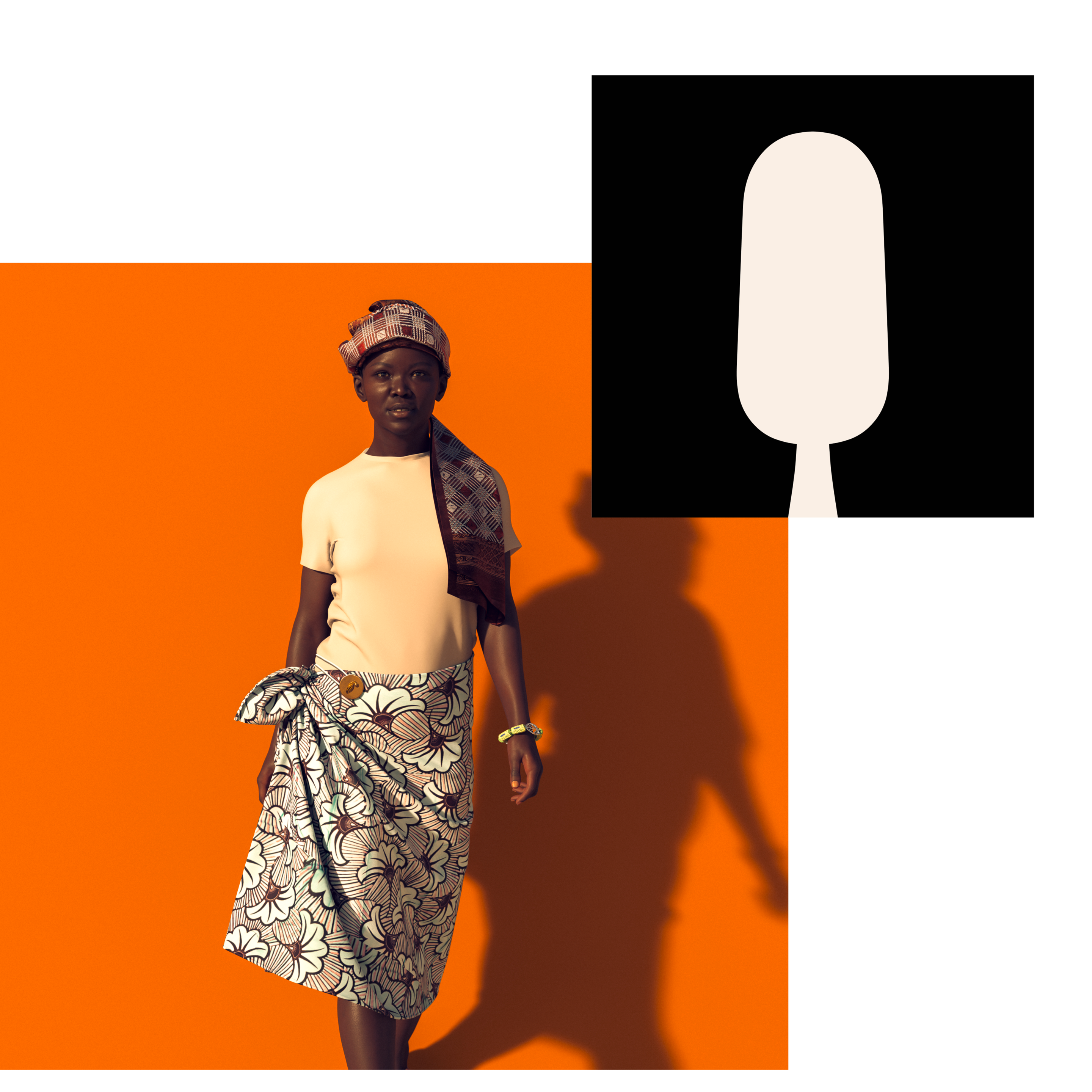 Mujer africana sobre fondo naranja con siluetas negras de helado