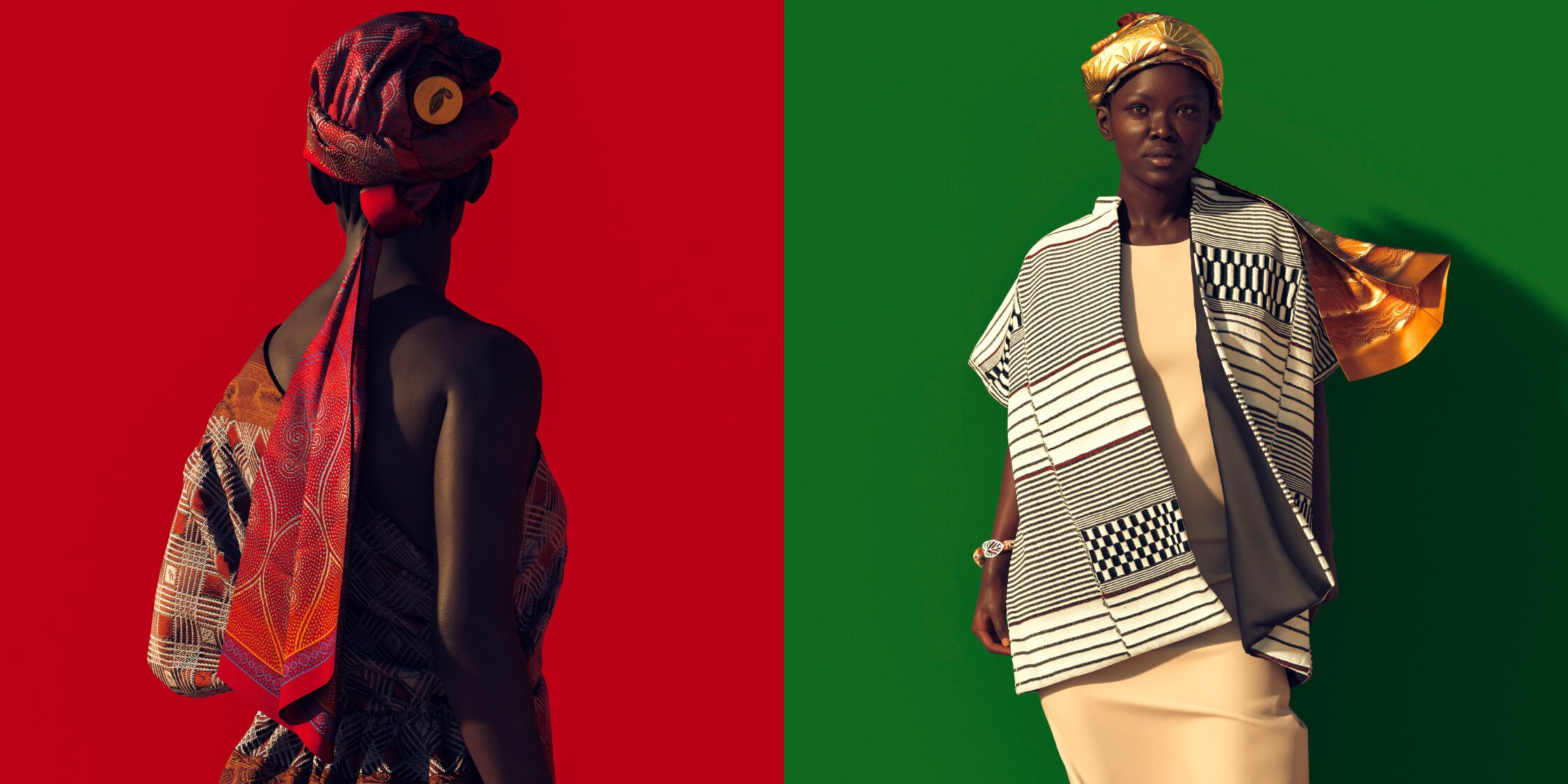 African fashion item on read and green colour block background