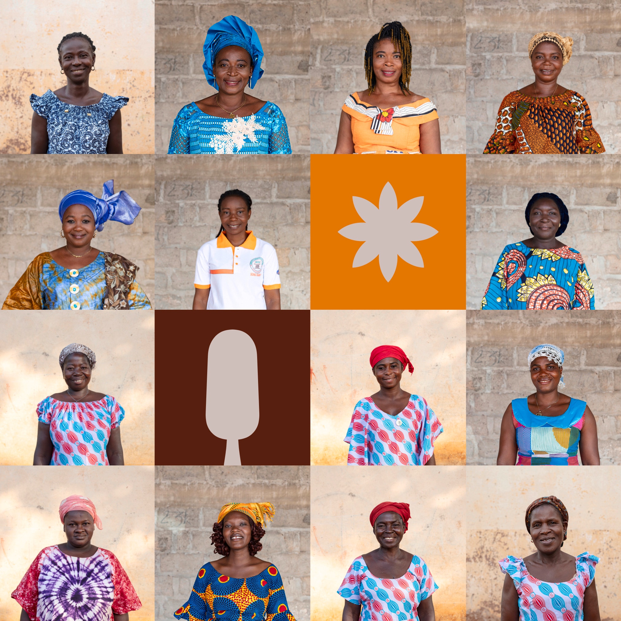 grid of 14 smiling african women portraits #1 - interspersed with a few colourful graphic square cut out illustrations