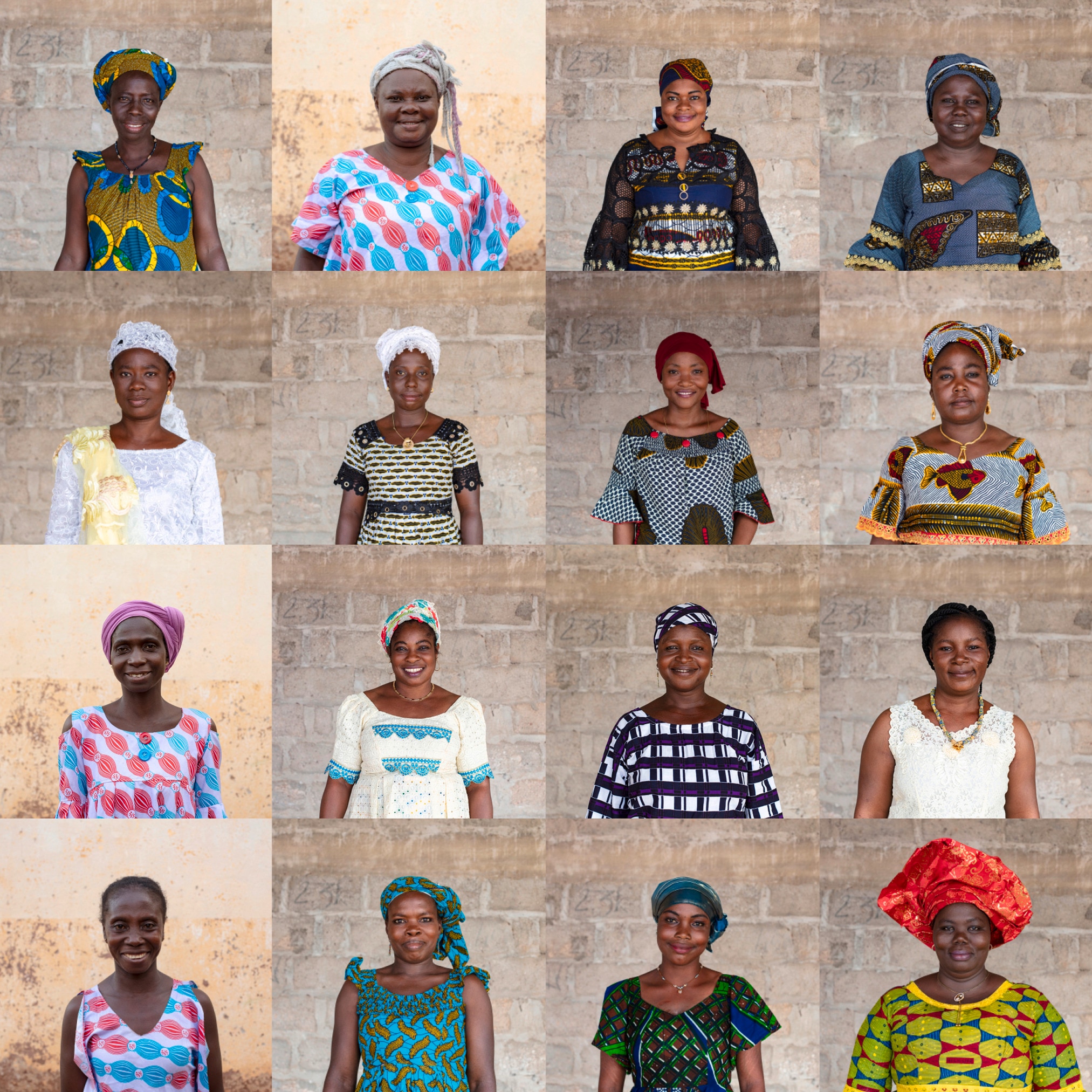 grid of 16 smiling african women portraits #2 - interspersed with a few colourful graphic square cut out illustrations