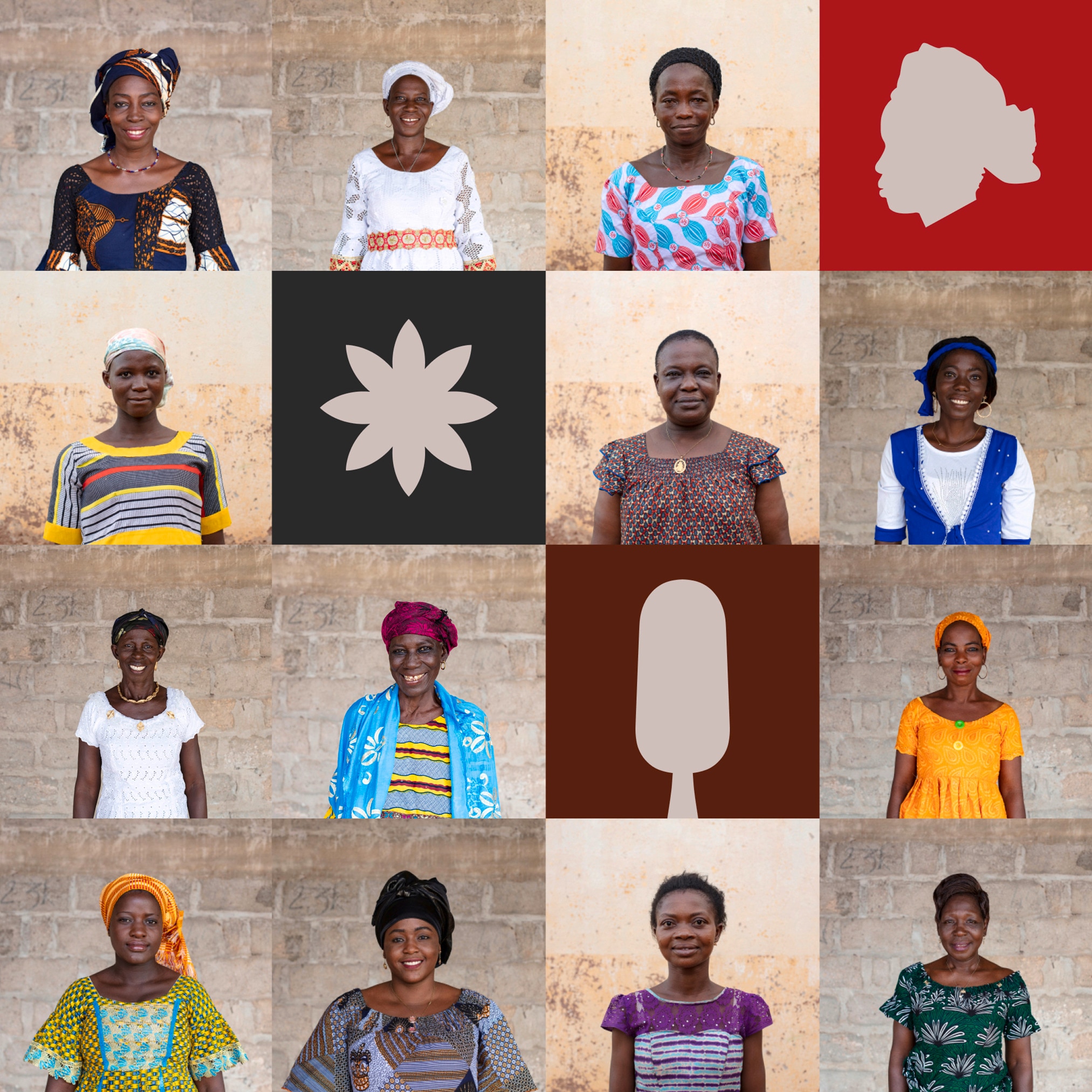 grid of 13 smiling african women portraits #3 - interspersed with a few colourful graphic square cut out illustrations