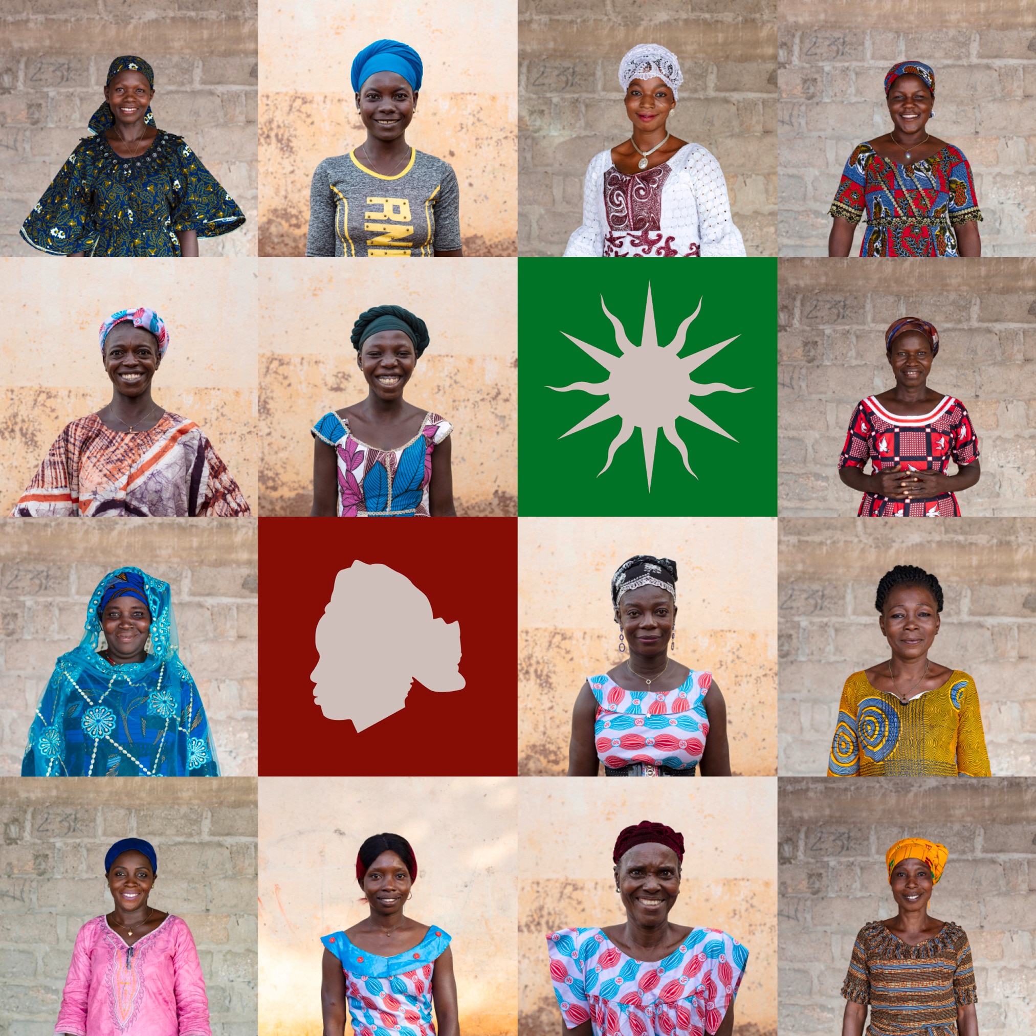 grid of 14 smiling african women portraits #4 - interspersed with a few colourful graphic square cut out illustrations