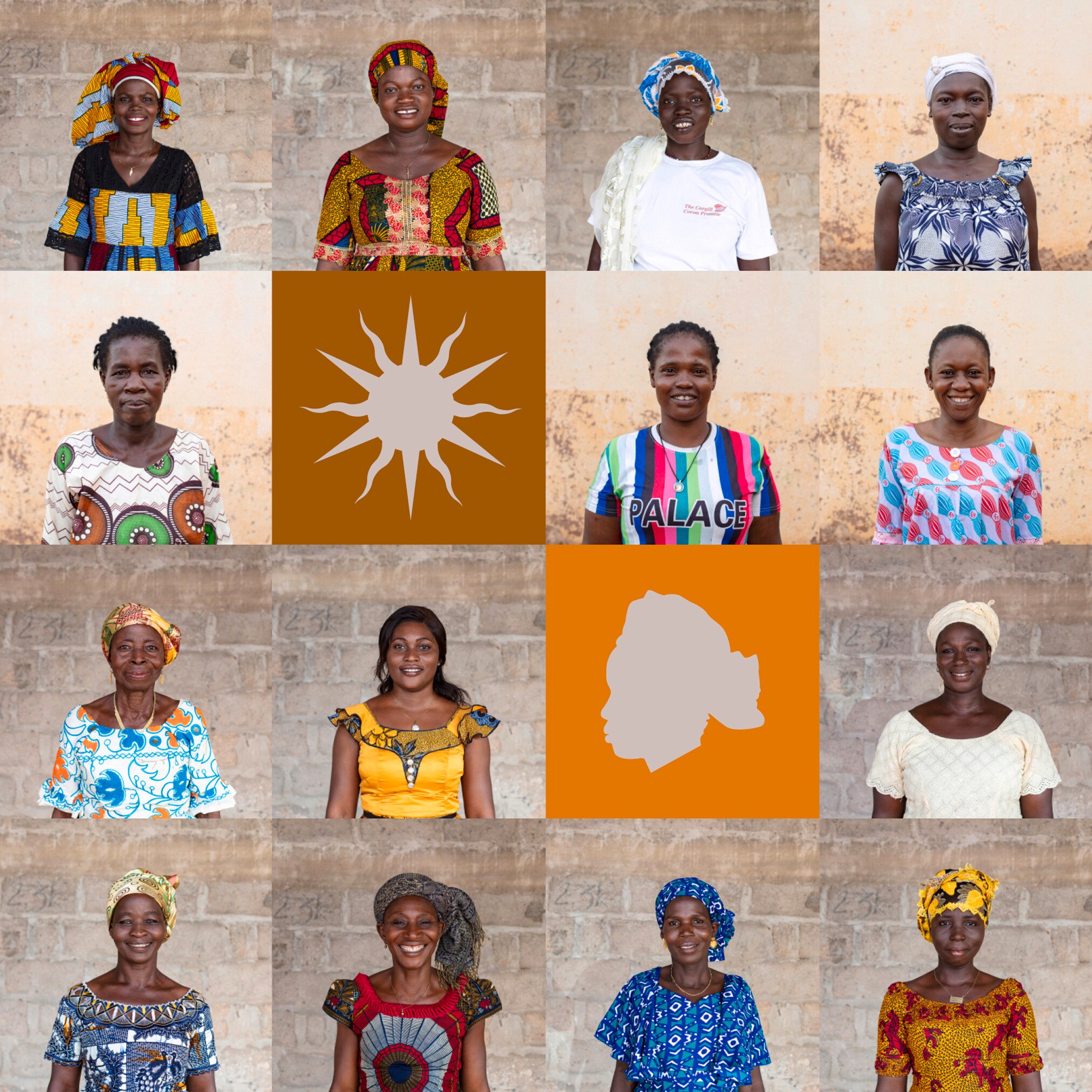 grid of 14 smiling african women portraits #6 - interspersed with a few colourful graphic square cut out illustrations