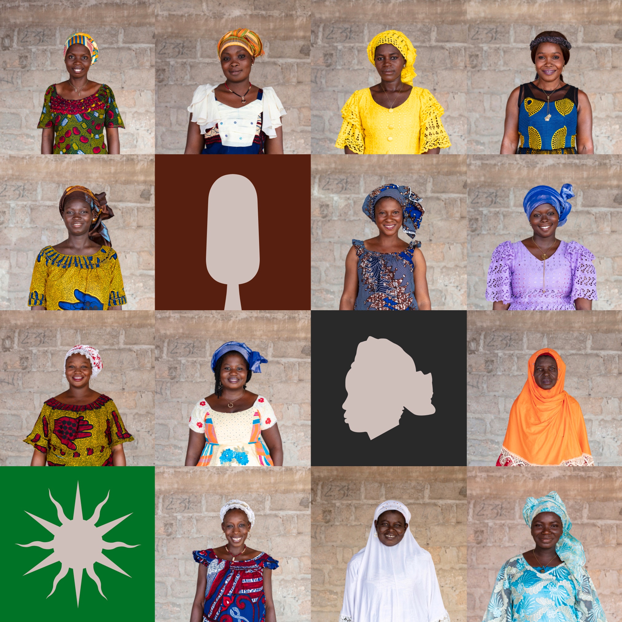 grid of 13 smiling african women portraits #7 - interspersed with a few colourful graphic square cut out illustrations