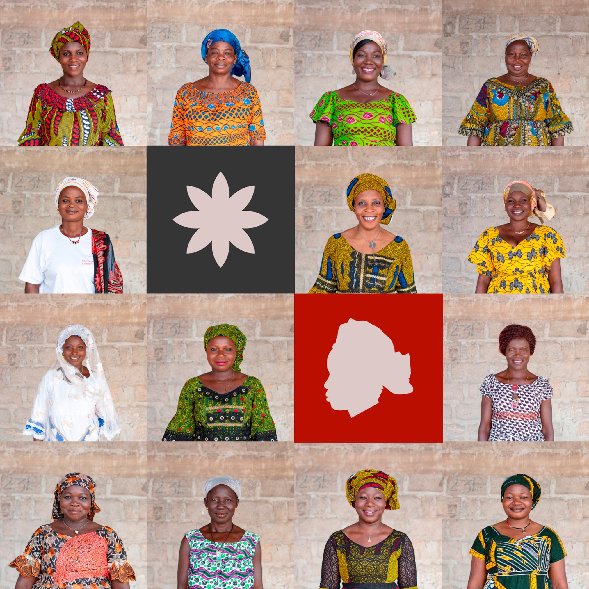 grid of 13 smiling african women portraits #8 - interspersed with a few colourful graphic square cut out illustrations