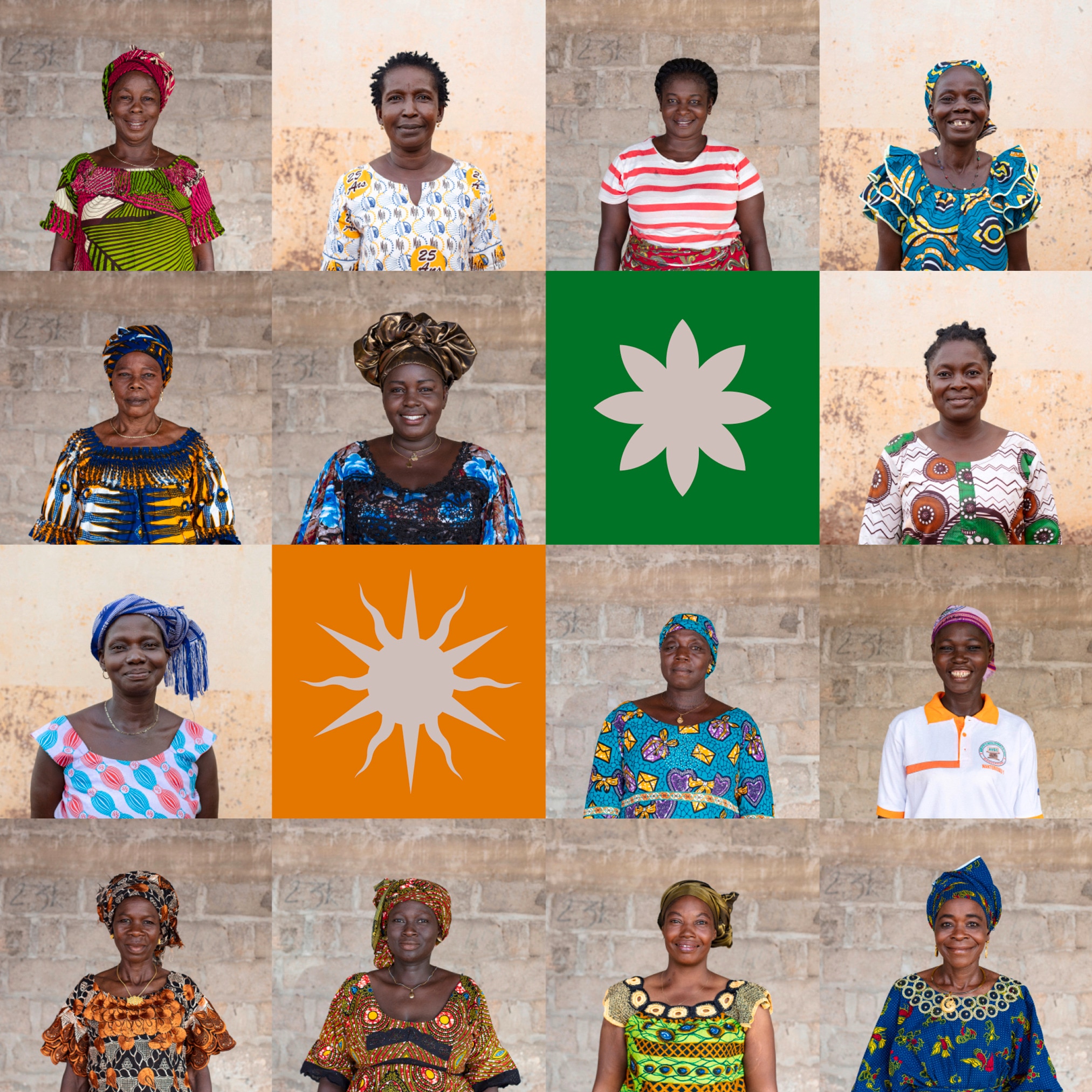 grid of 14 smiling african women portraits #9 - interspersed with a few colourful graphic square cut out illustrations