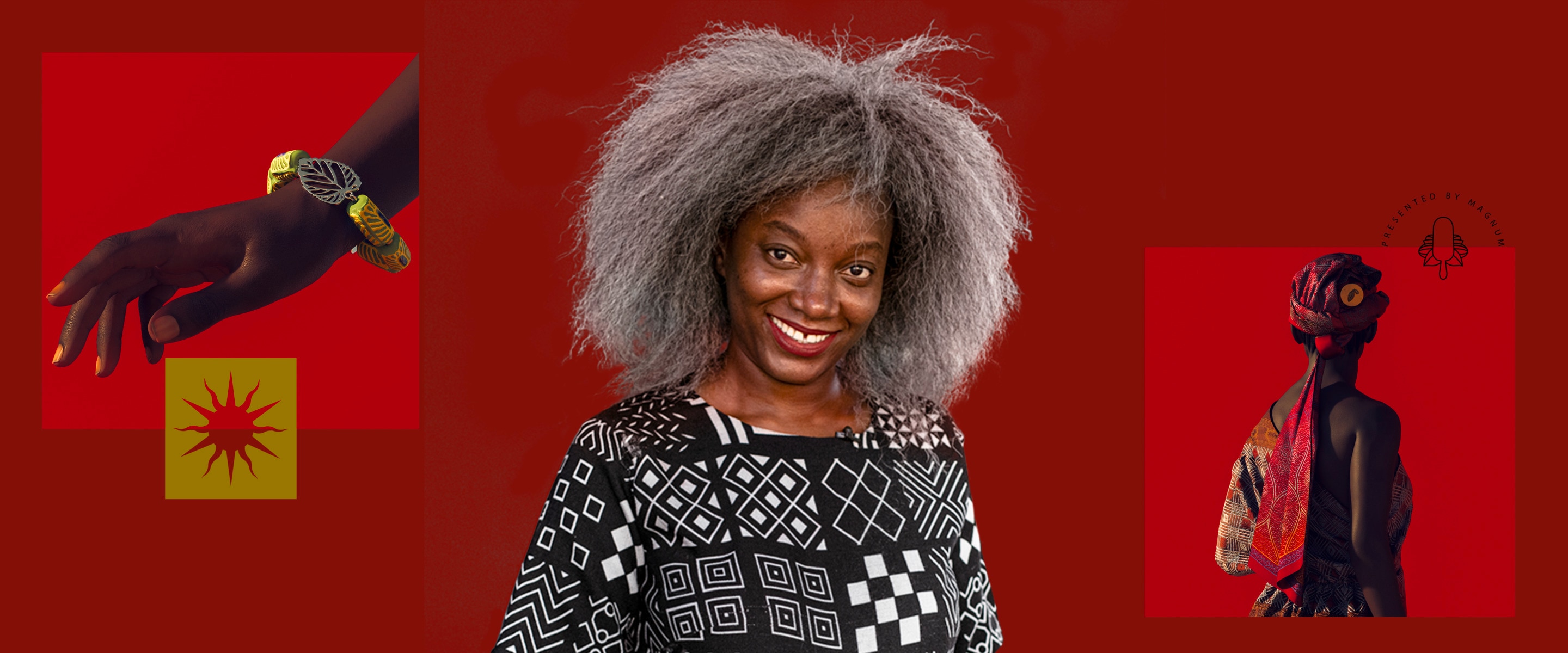 Fotomontage mit der ivorischen Modedesignerin Rebecca Zoro und Teilen ihrer AWA by Magnum Mode-Kollektion auf einem roten Hintergrundro and her AWA by Magnum fashion items on a red background