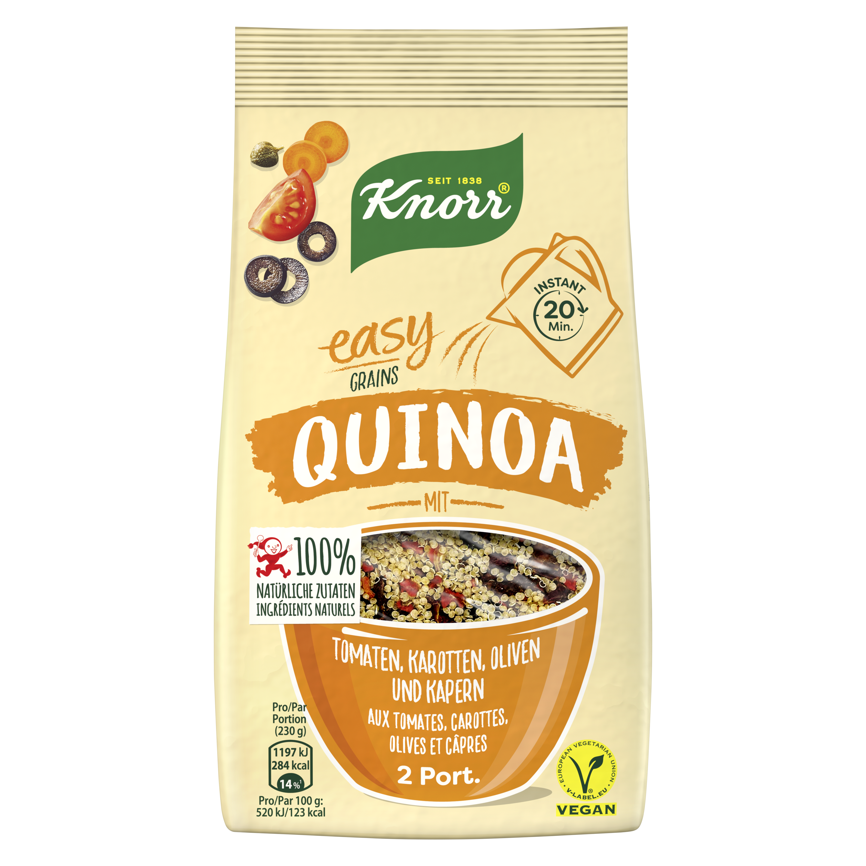 KNORR 100% natürliche Zutaten Easy Grains Quinoa mit Tomaten, Karotten, Oliven und Kapern Beutel 2 Portionen