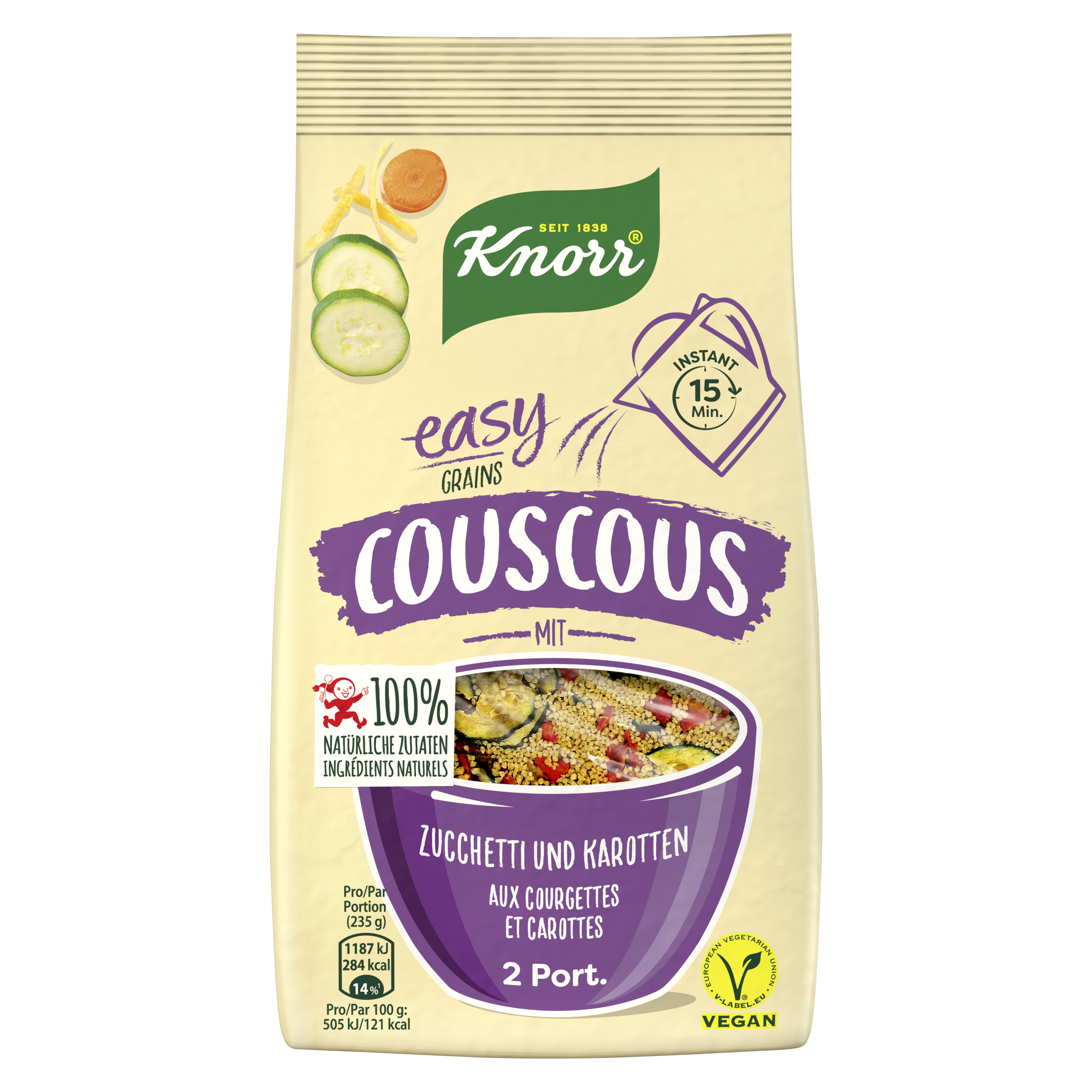 KNORR 100% natürliche Zutaten Easy Grains Couscous mit Zucchetti und Karotten Beutel 2 Portionen