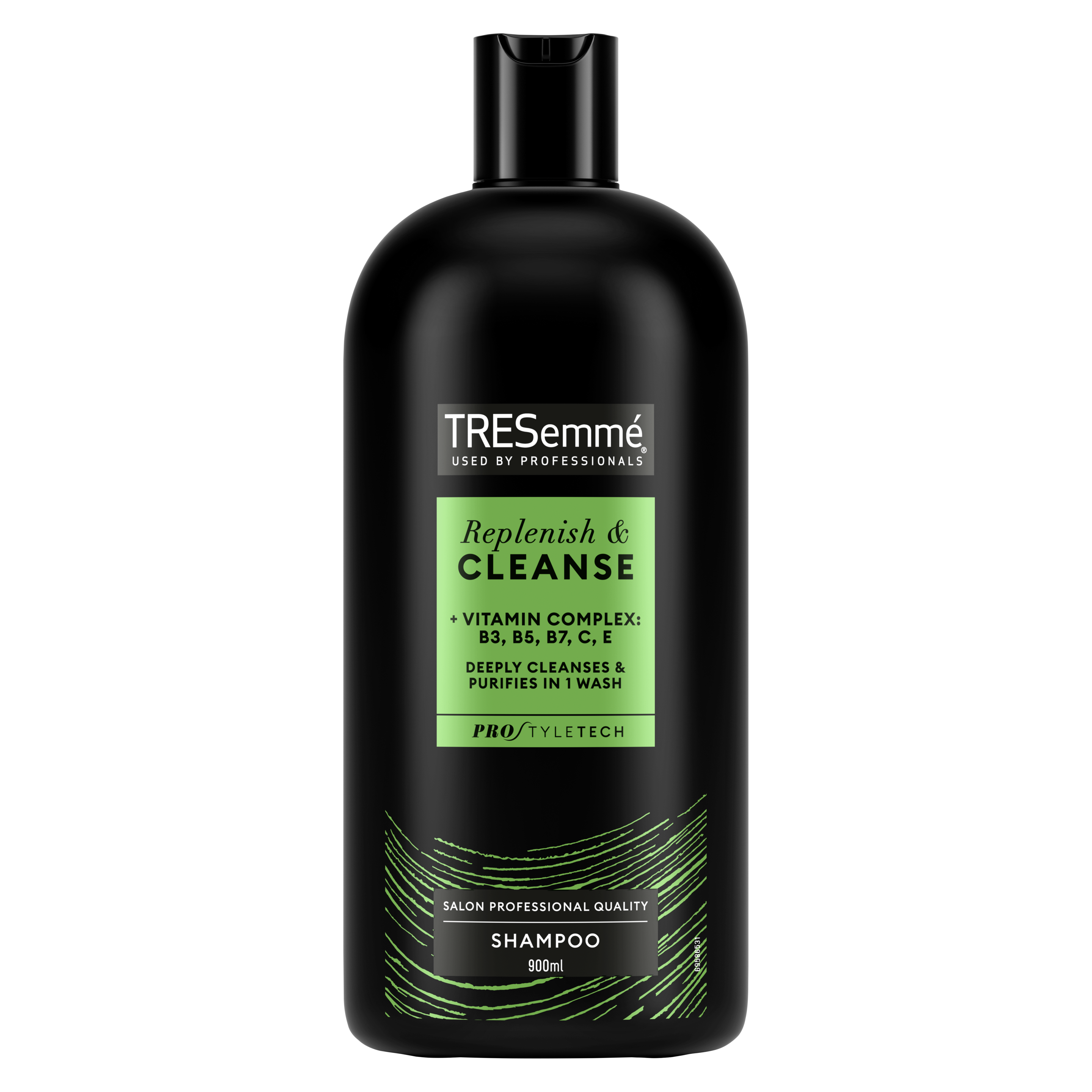 A 900ml bottle of TRESemmé Replenish & Cleanse Shampoo front of pack image