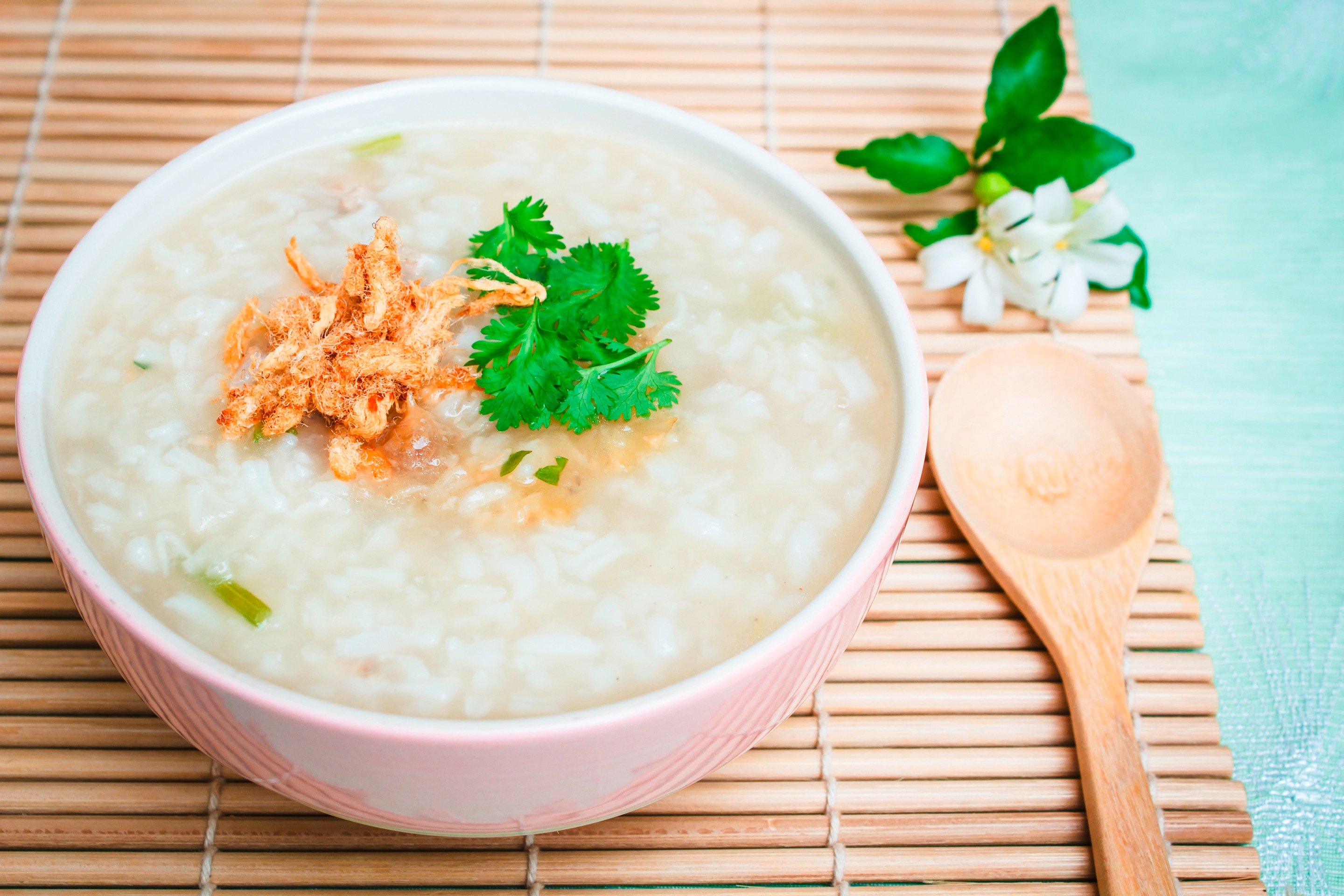 A simple serving of porridge flavored with shredded dried pork