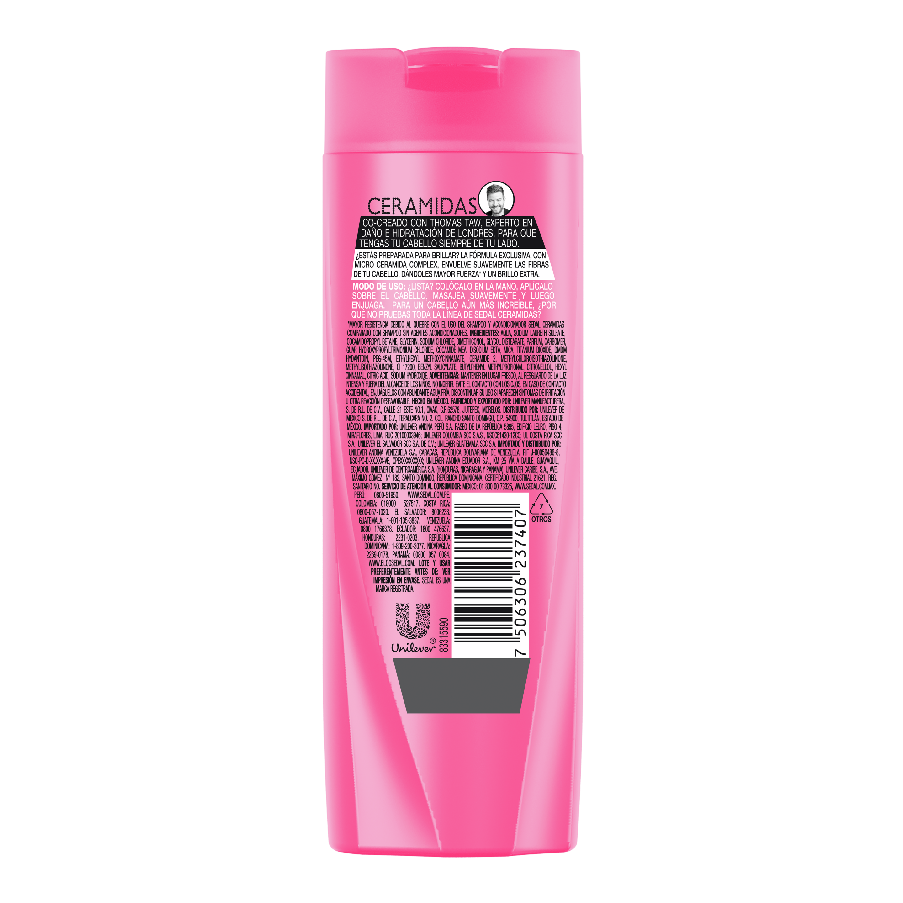 Imagen al parte posterior del paquete Sedal Shampoo Ceramidas 190ml