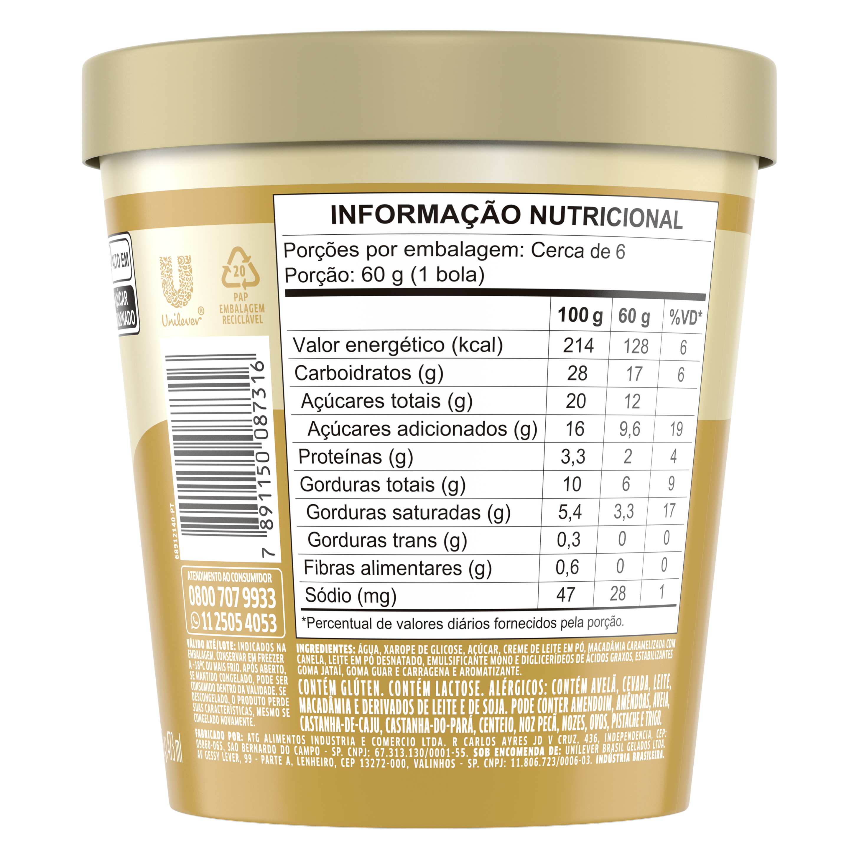 tabela nutricional do sorvete Gelartier Macadâmia Generalizada