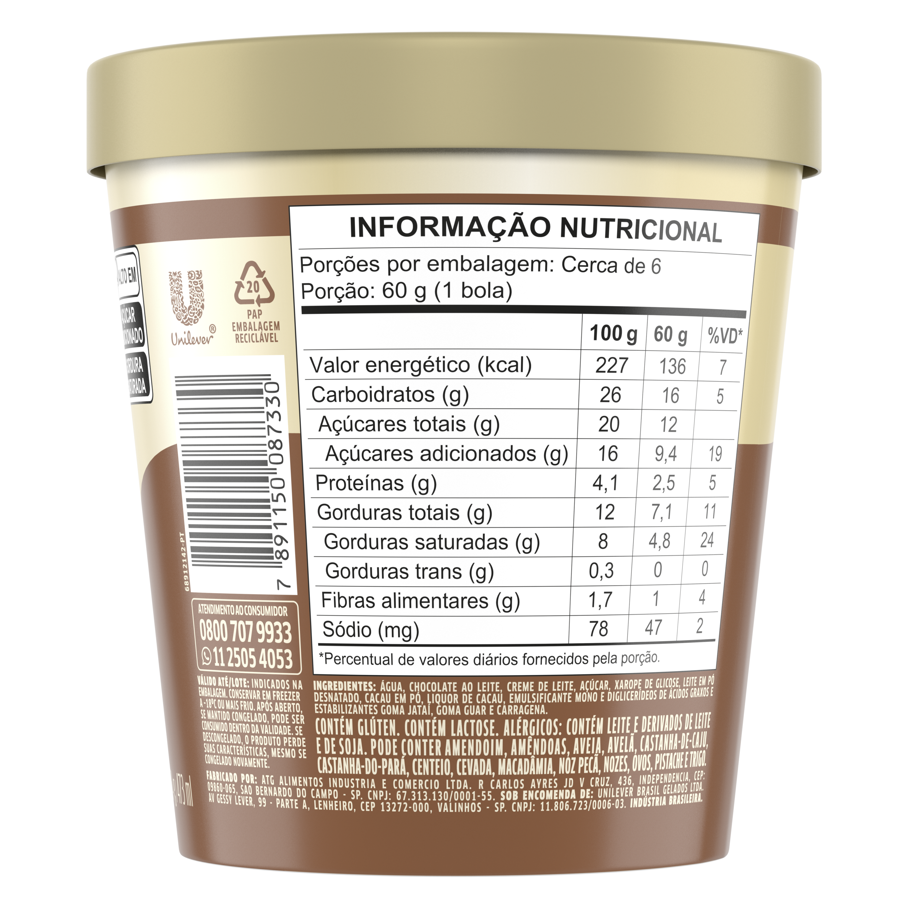 tabela nutricional do sorvete Gelartier Chocolate com Raspas