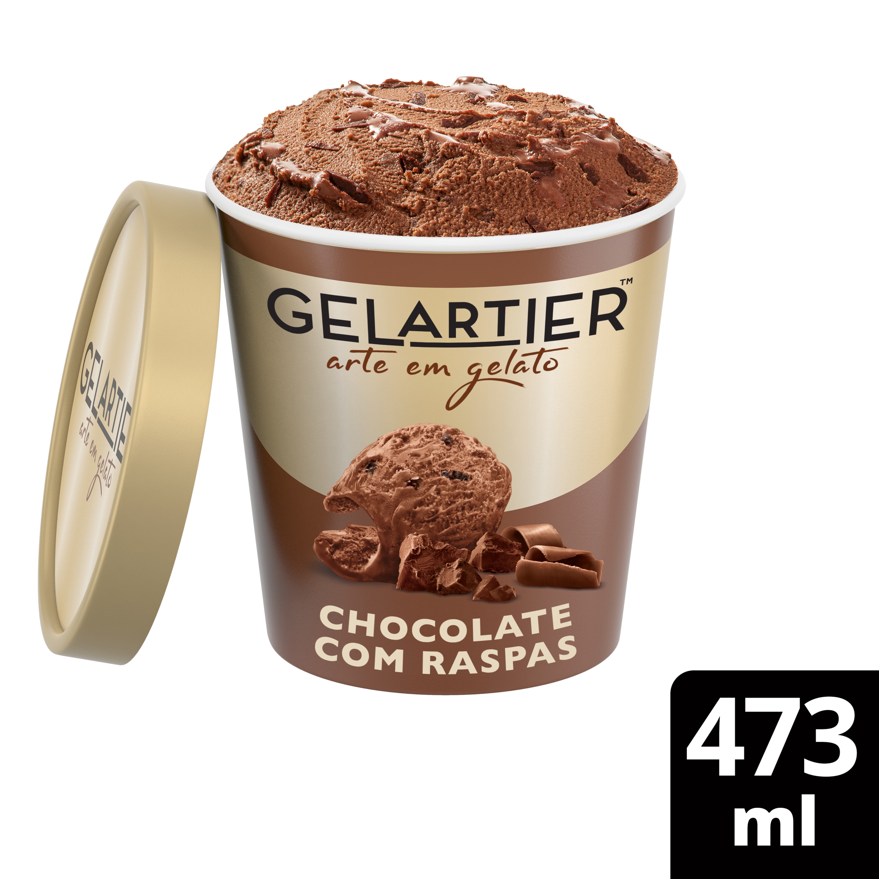 pote Gelartier cheio até o topo de sorvete de chocolate coberto de raspas de chocolate