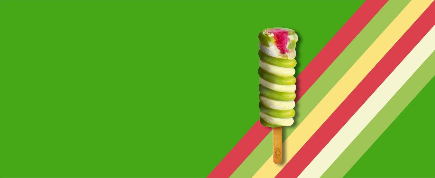 grüner Hintergrund, rechte Seite: rote, hellgrüne, hellgelbe und beige Streifen mit einem Twister im Vordergrund