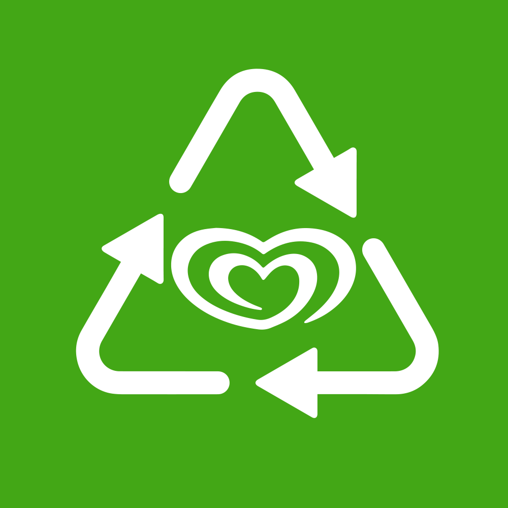 grüner Hintergrund, weißes recycle-zeichen mit Langnese-Herz in der Mitte