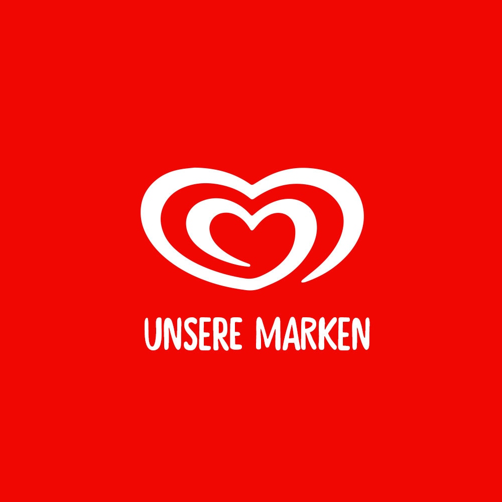 roter Hintergrund, weißes Herz, Schrift in weiß Unsere Marken