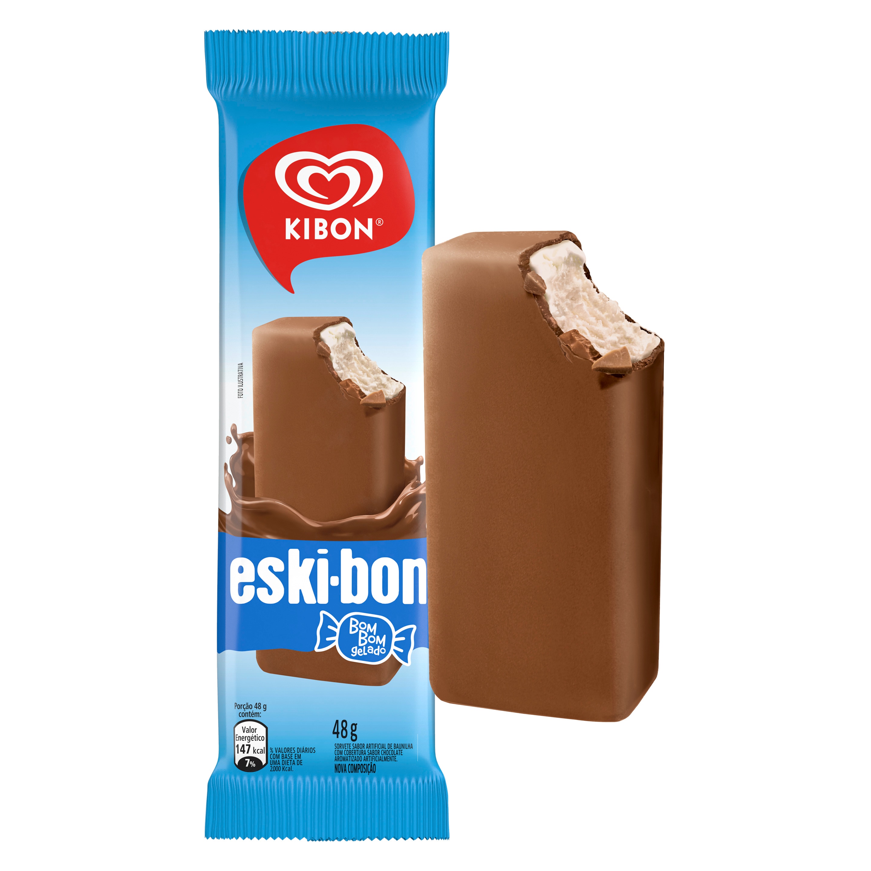 Picolé Eskibon Clássico de sorvete de baunilha e casquinha de chocolate