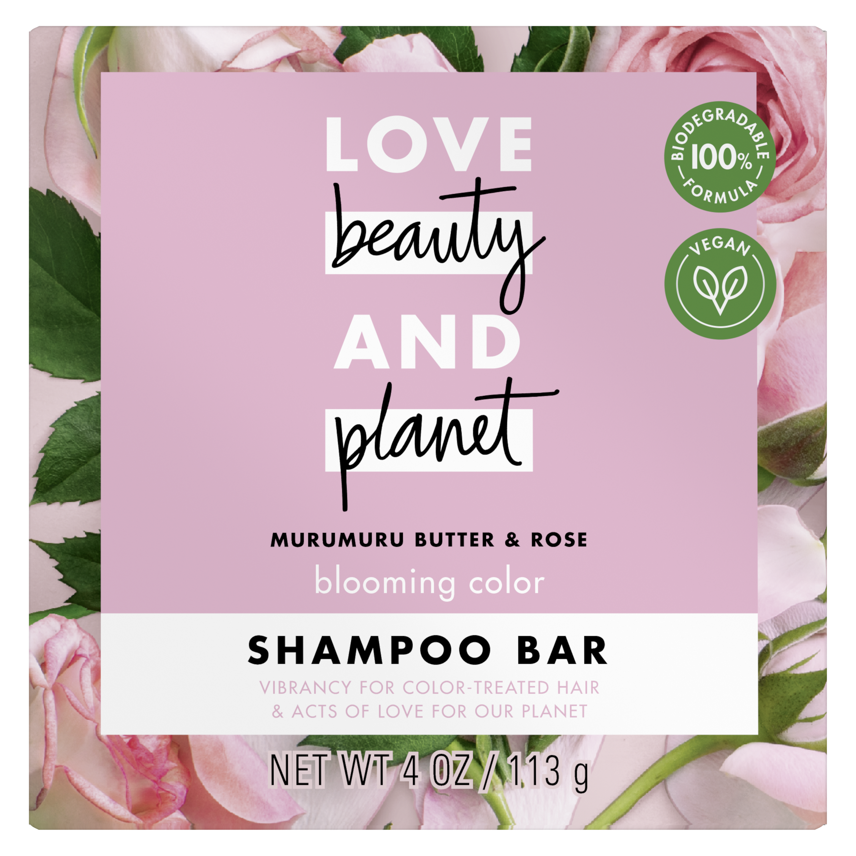 Front of shampoo bar pack Love Beauty Planet Murumuru Butter & Rose Shampoo Bar Blooming Color 4oz