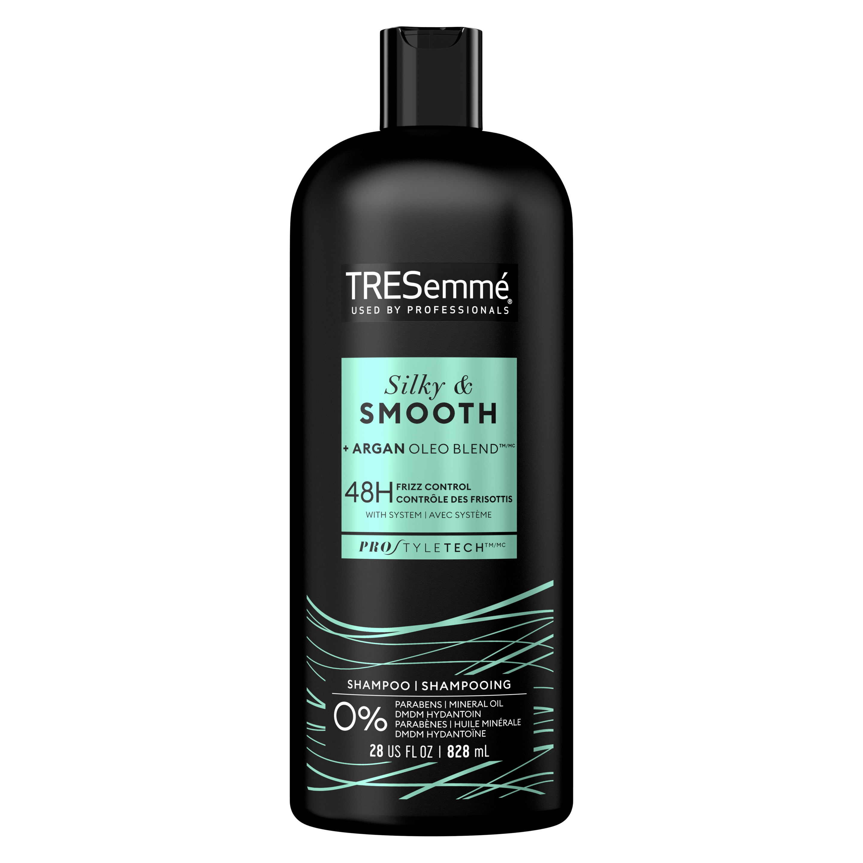 image de l'arrière de la bouteille du TRESemmé® Silky & Smooth Shampoo de 828 ml