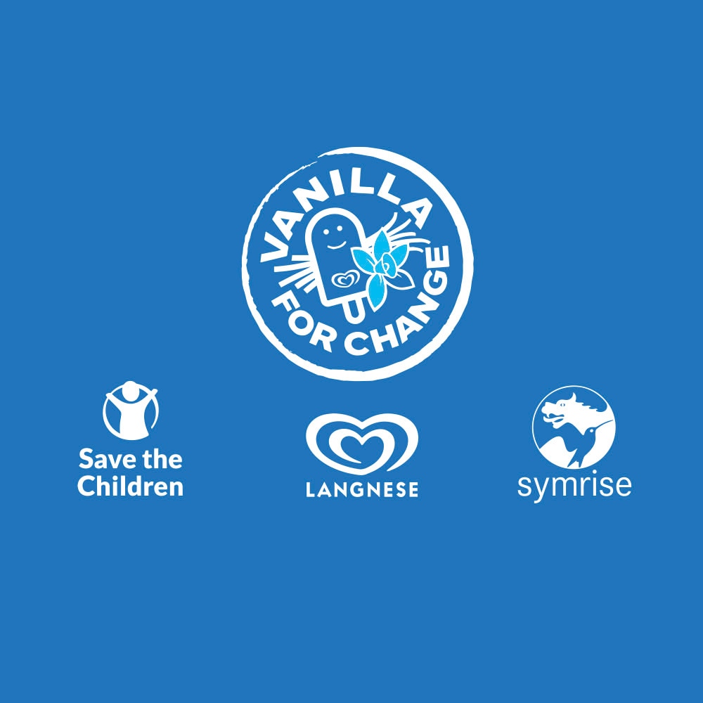 Banner mit dem Vanilla for Change, Save the Children, Lusso und symrise Logo. 