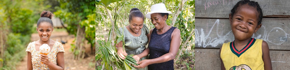 Links ist ein Bild von einer Frau mit einem Eis in der Hand. In der Mitte ist ein Bild von zwei Frauen die sich eine Vanille Pflanze ansehen. Rechts ist ein Bild von einem lächelnden Mädchen. 