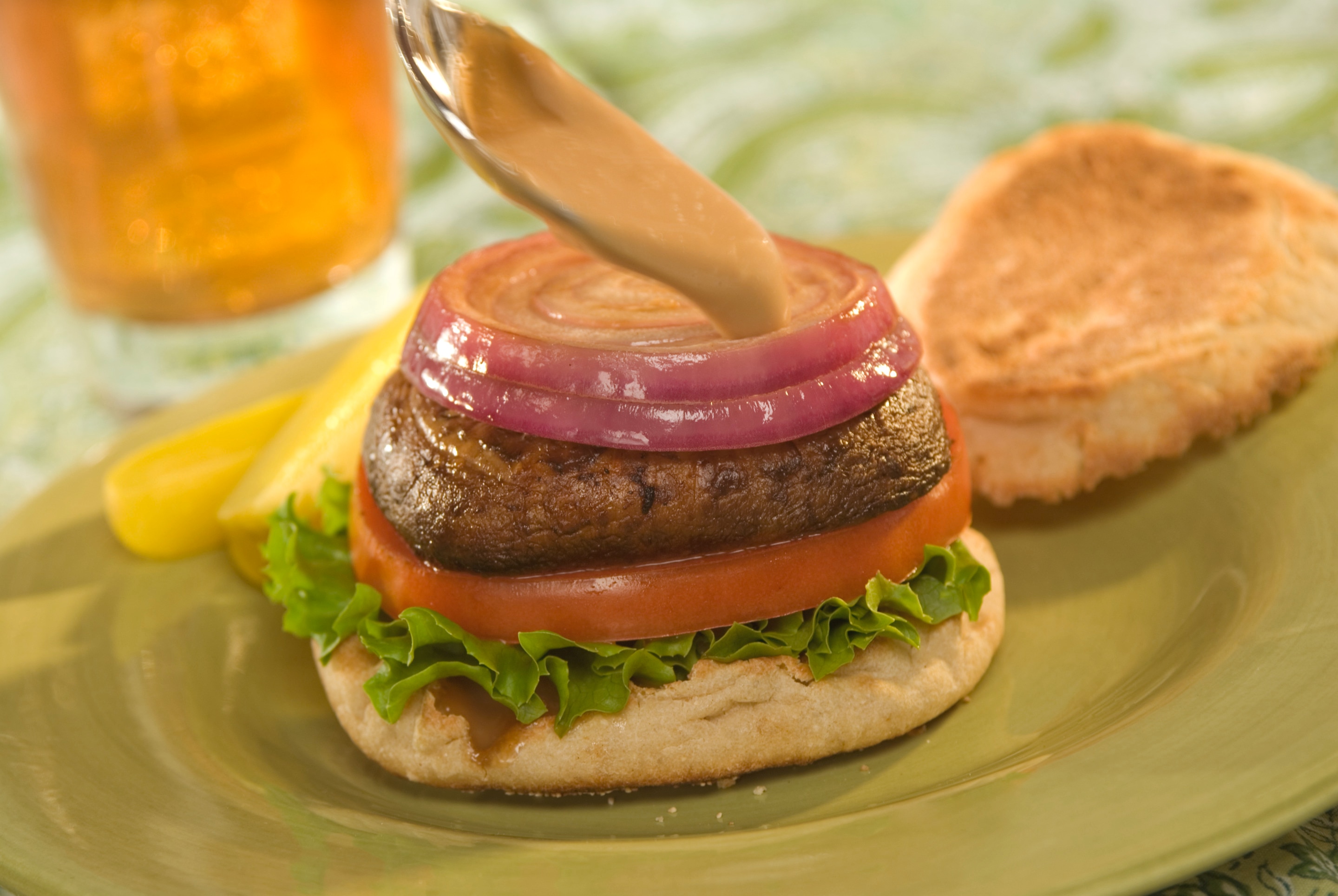 Portobello Burger without the bread on the top, with dressings and condiments.  