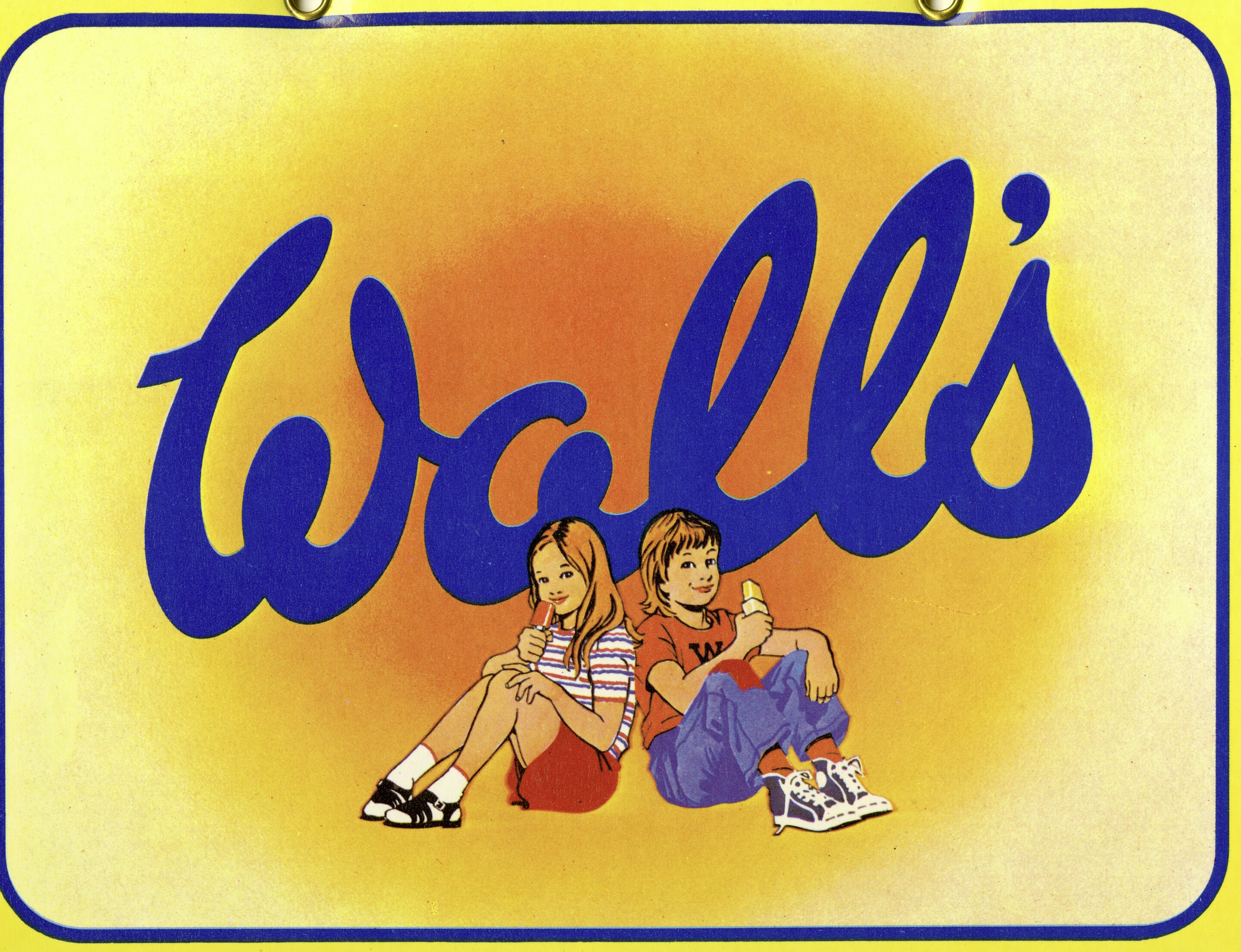 Old Wall's logo in blue with yellow background and image of 2 kids sitting in front