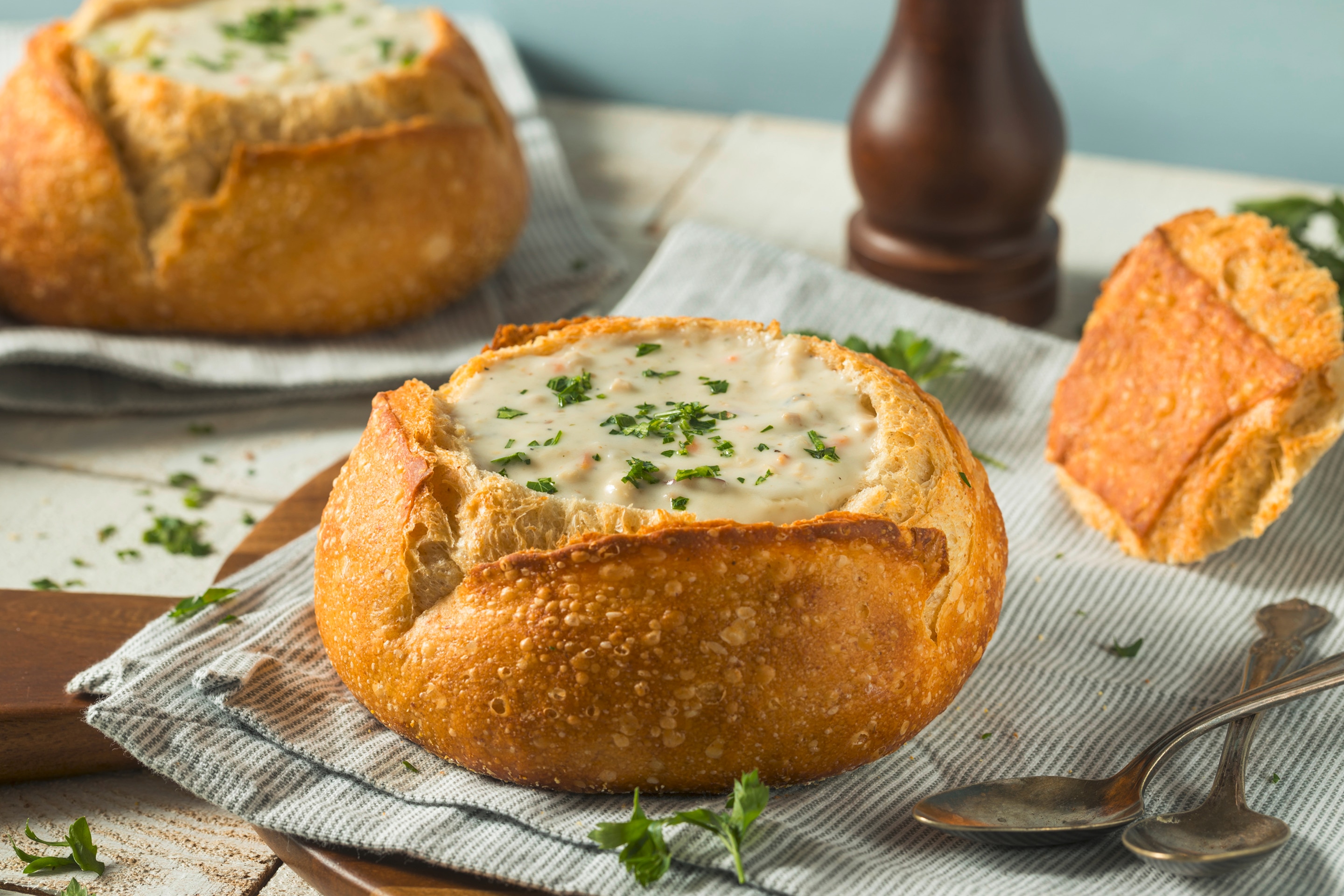 New England clam chowder served in a sourdough bread bowl