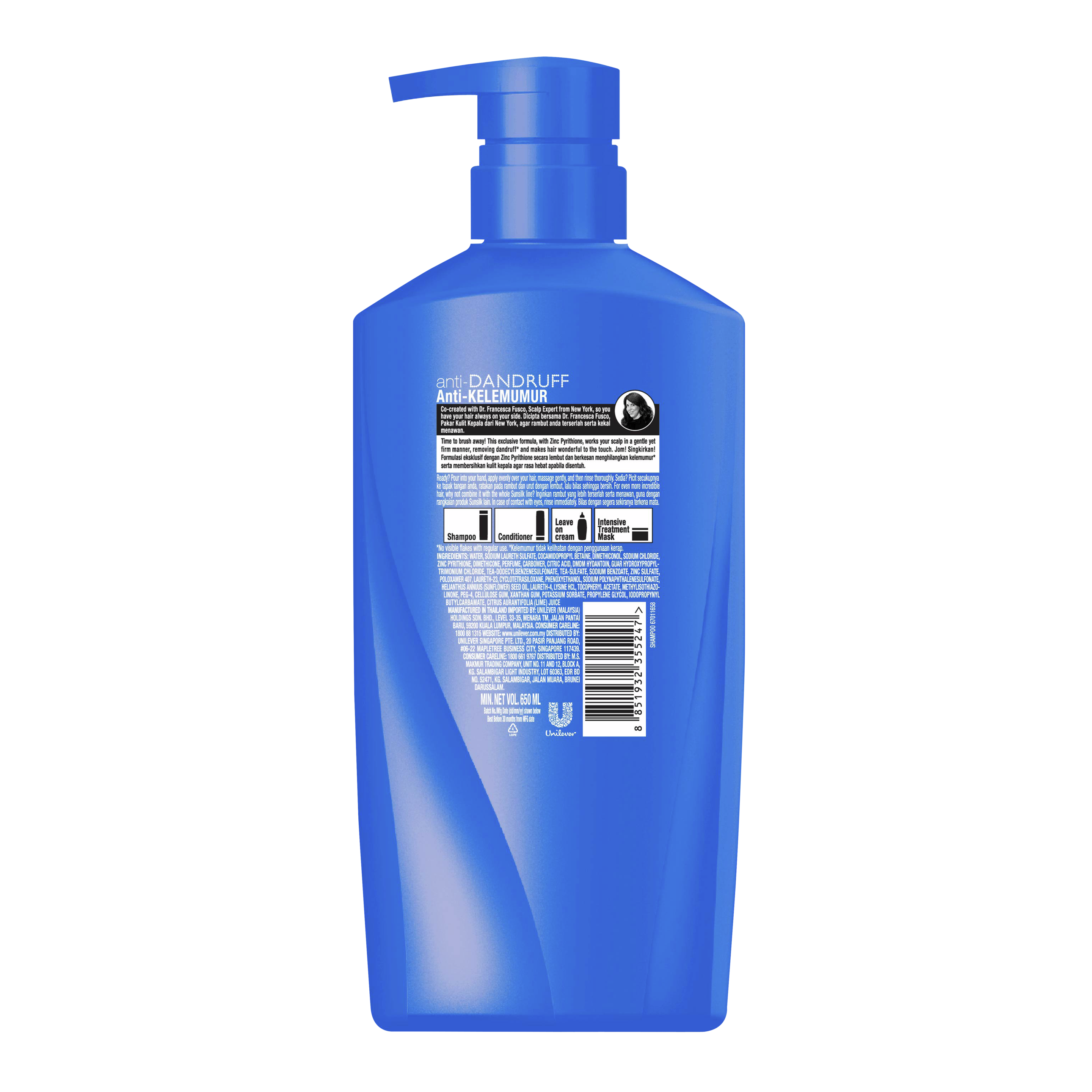 Syampu Anti-Dandruff Sunsilk 650ml imej di belakang pek