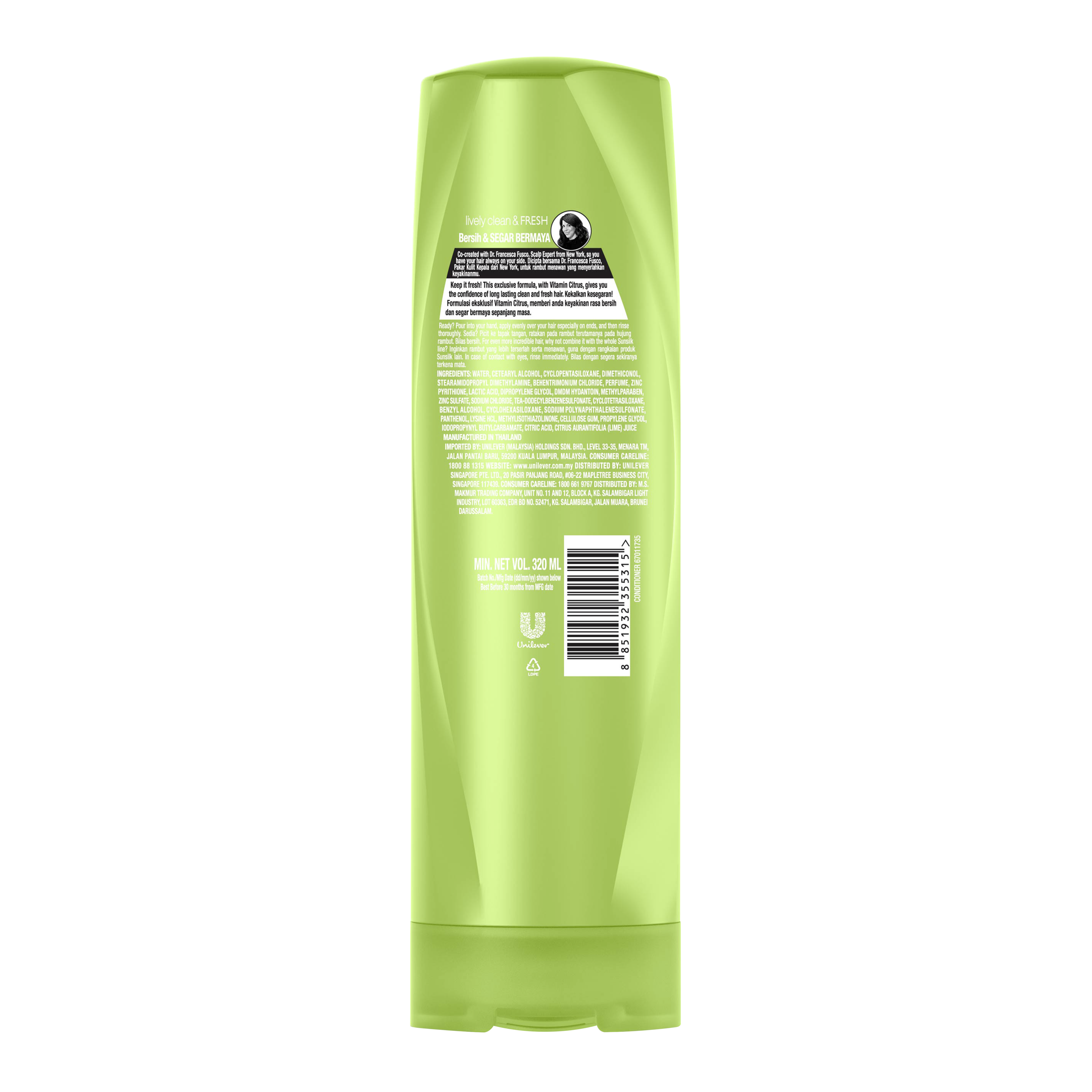Perapi Lively Clean and Fresh Sunsilk 320ml imej di belakang pek