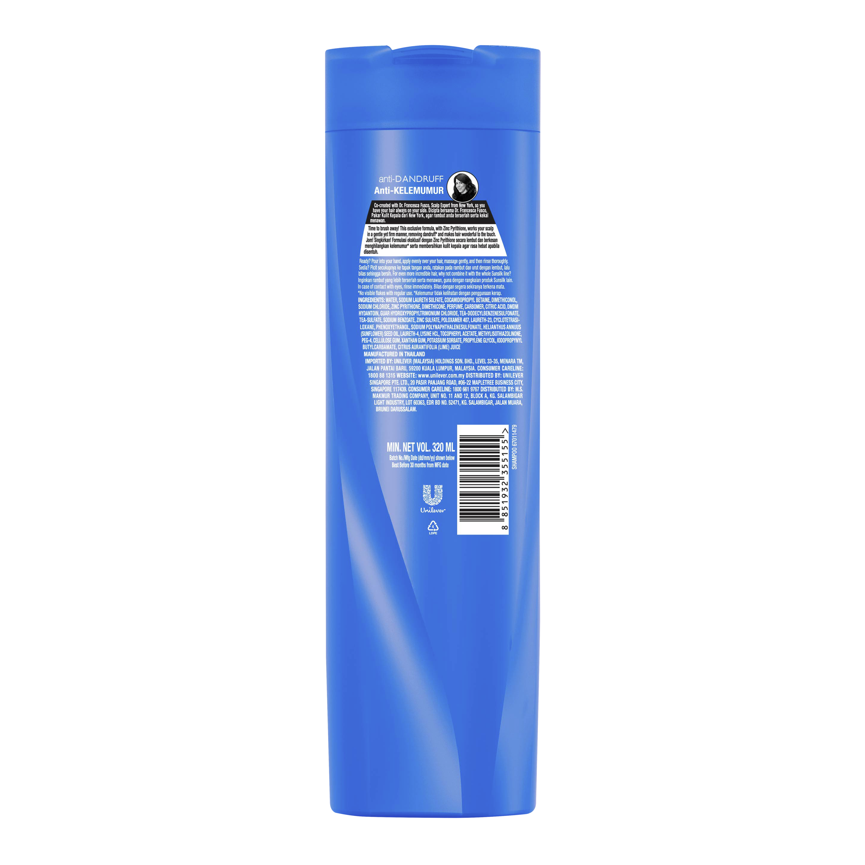Syampu Anti-Dandruff Sunsilk 320ml imej di belakang pek