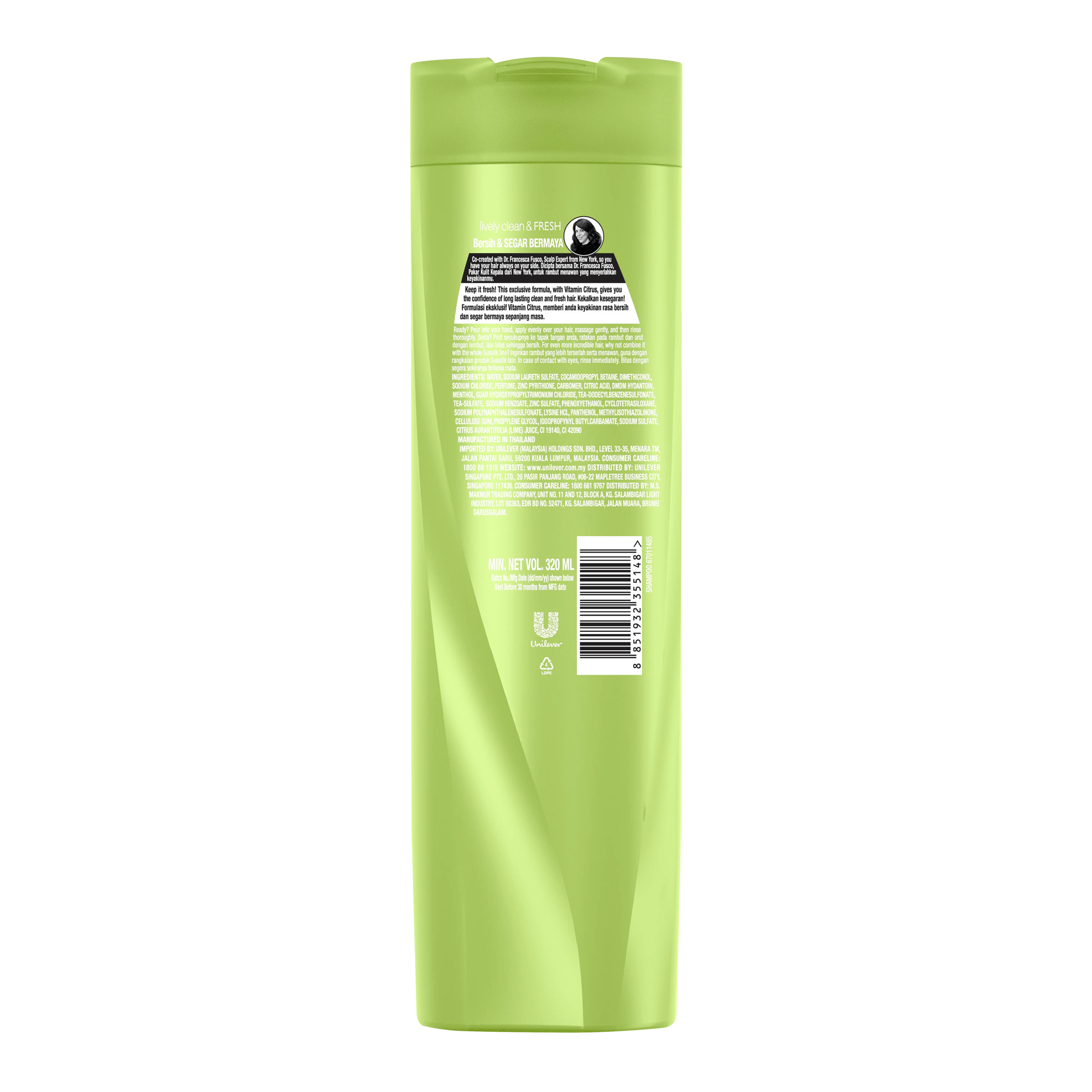 Syampu Lively Clean and Fresh Sunsilk 320ml imej di belakang pek