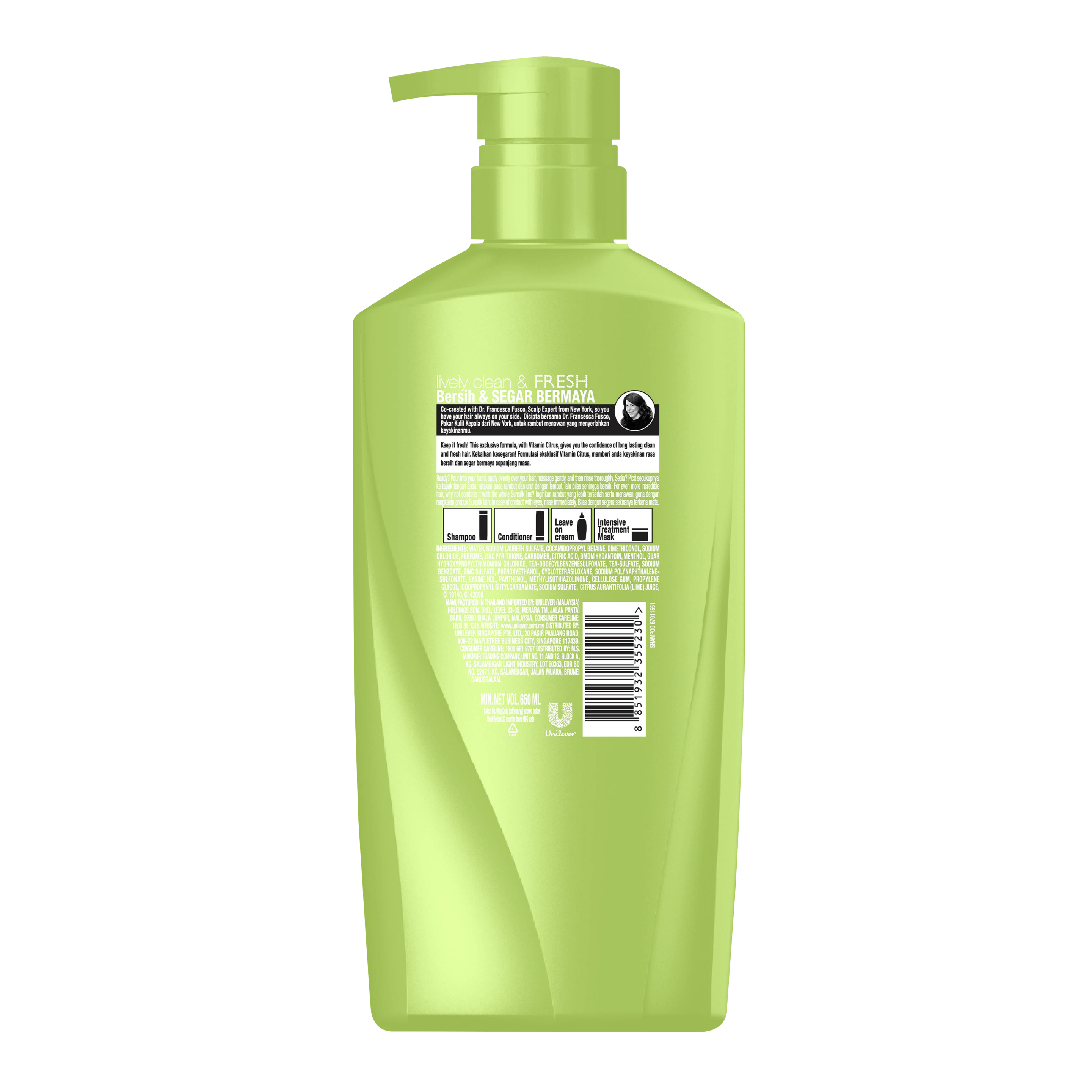 Syampu Lively Clean and Fresh Sunsilk 650ml imej di belakang pek