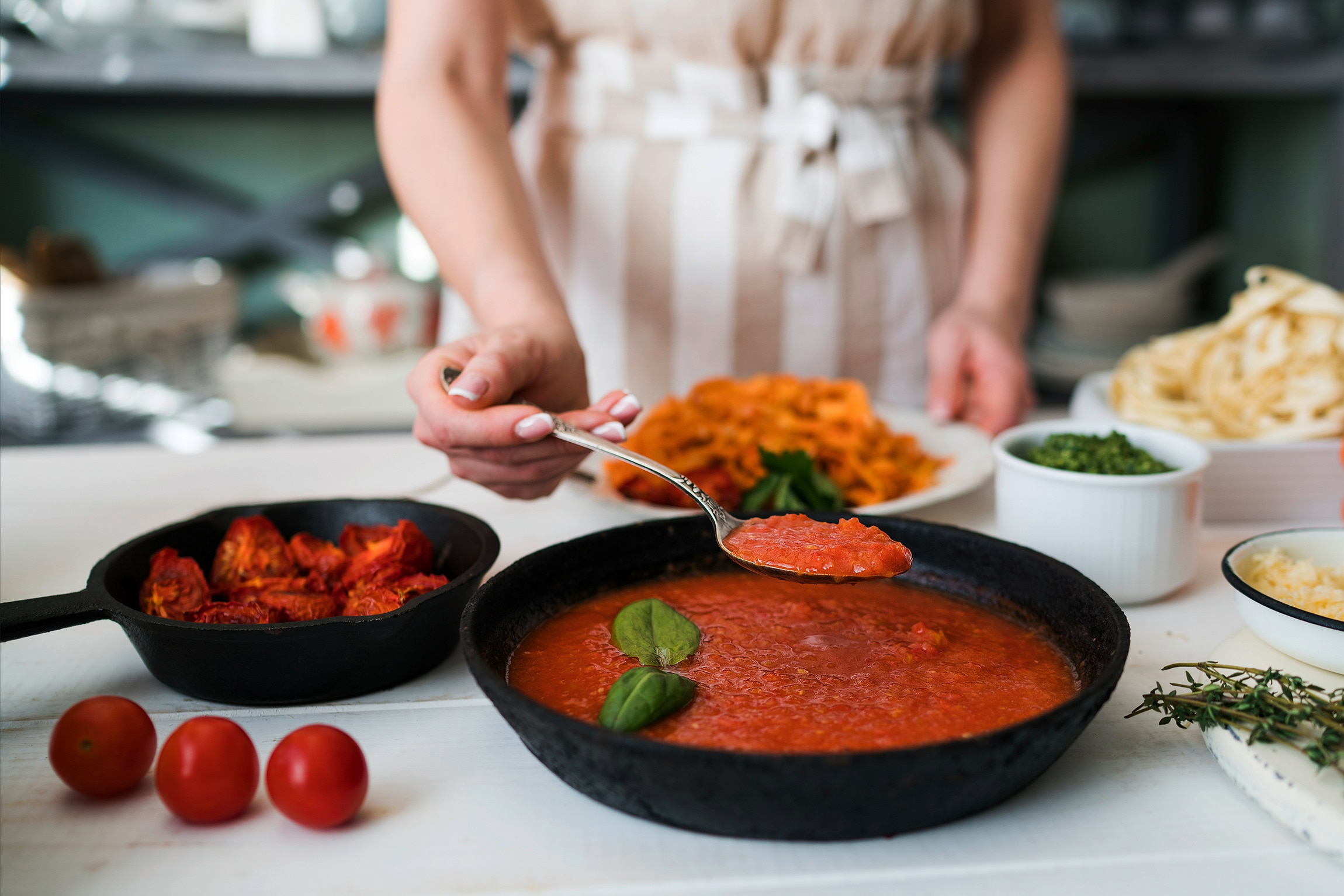 A skillet with homemade tomato sauce