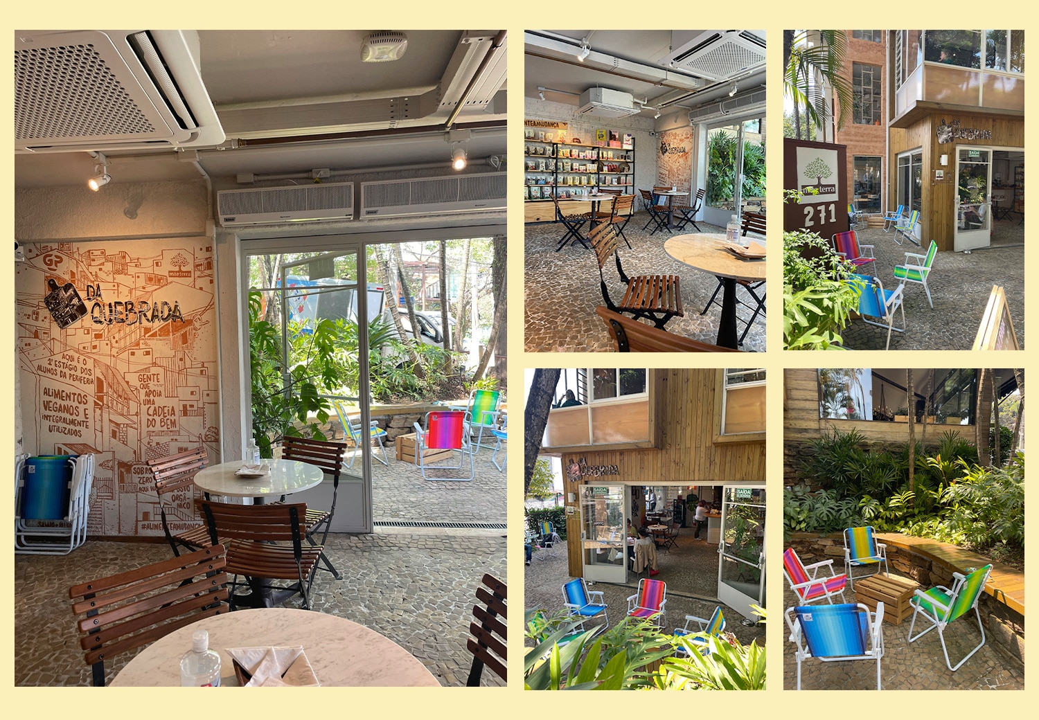 Espaço arejado com piso de pedra e cadeiras de praia ao redor de mesas de madeira