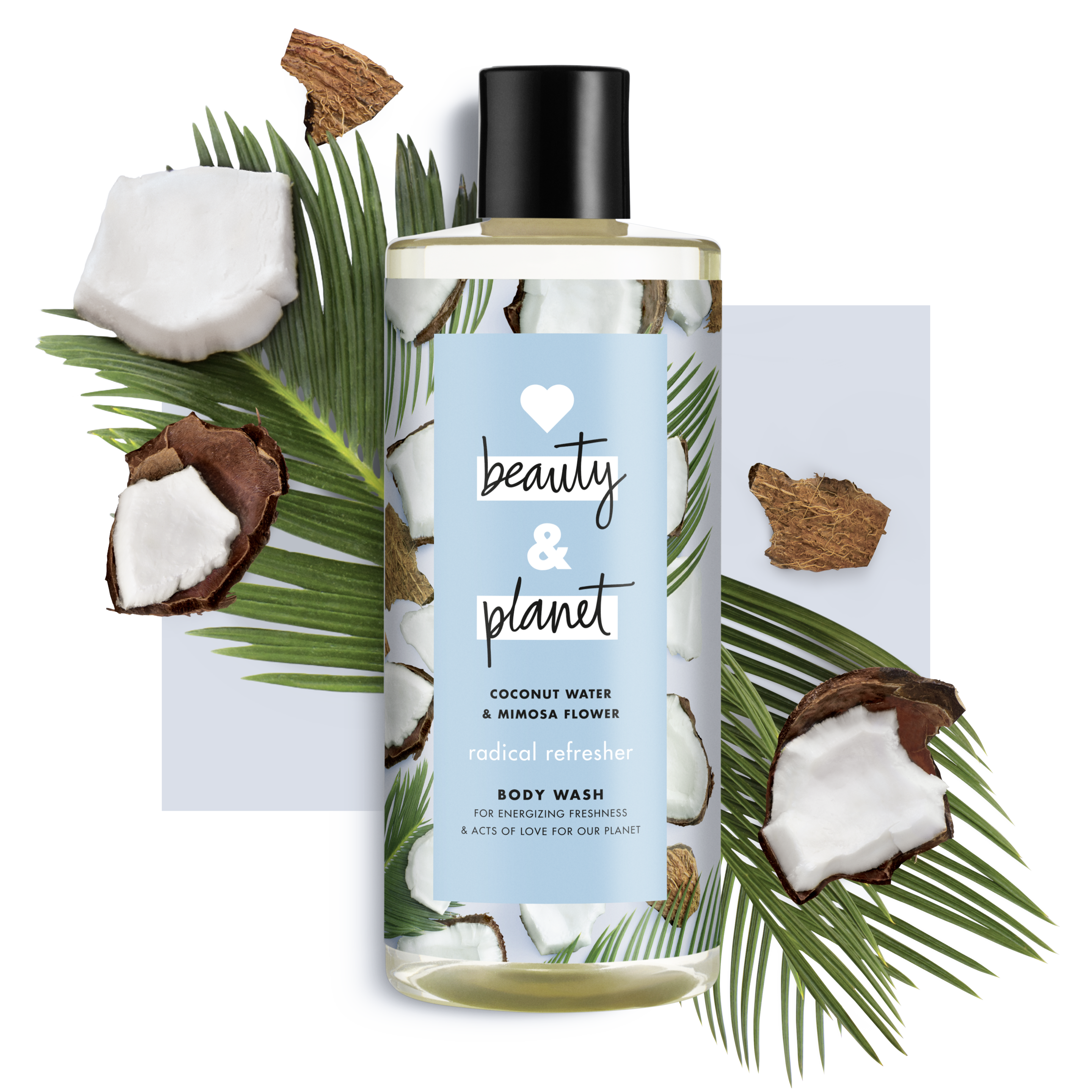 Front of body wash pack Coconut Water & Mimosa Flower body wash Radical Refresher 500ml Text
