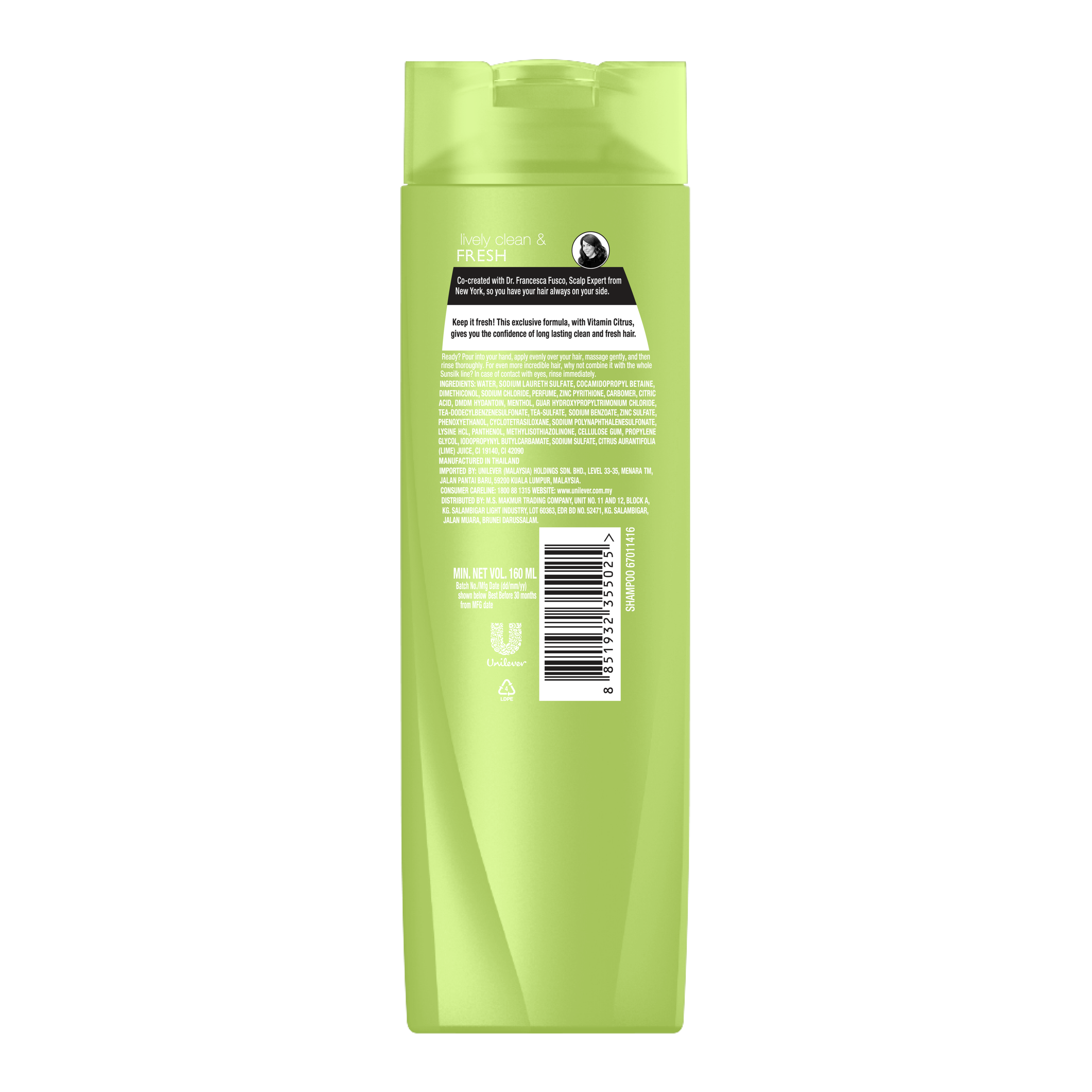 Syampu Lively Clean and Fresh Sunsilk 160ml imej di belakang pek