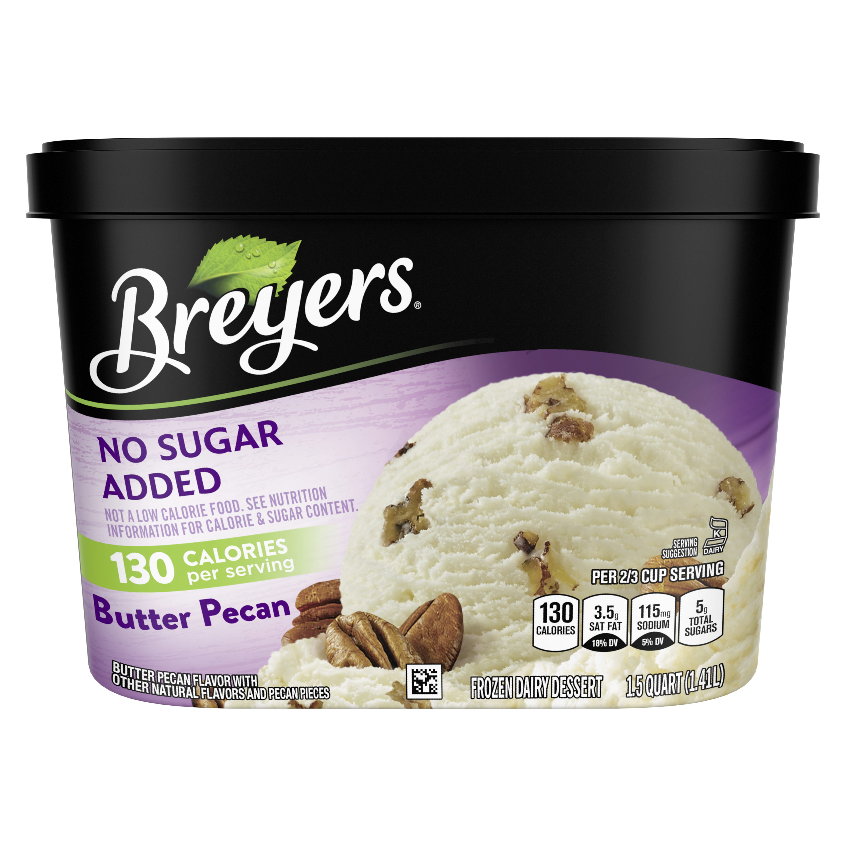 Un envase de 48 onzas de Breyers® No Sugar Added Butter Pecan en la parte frontal del paquete