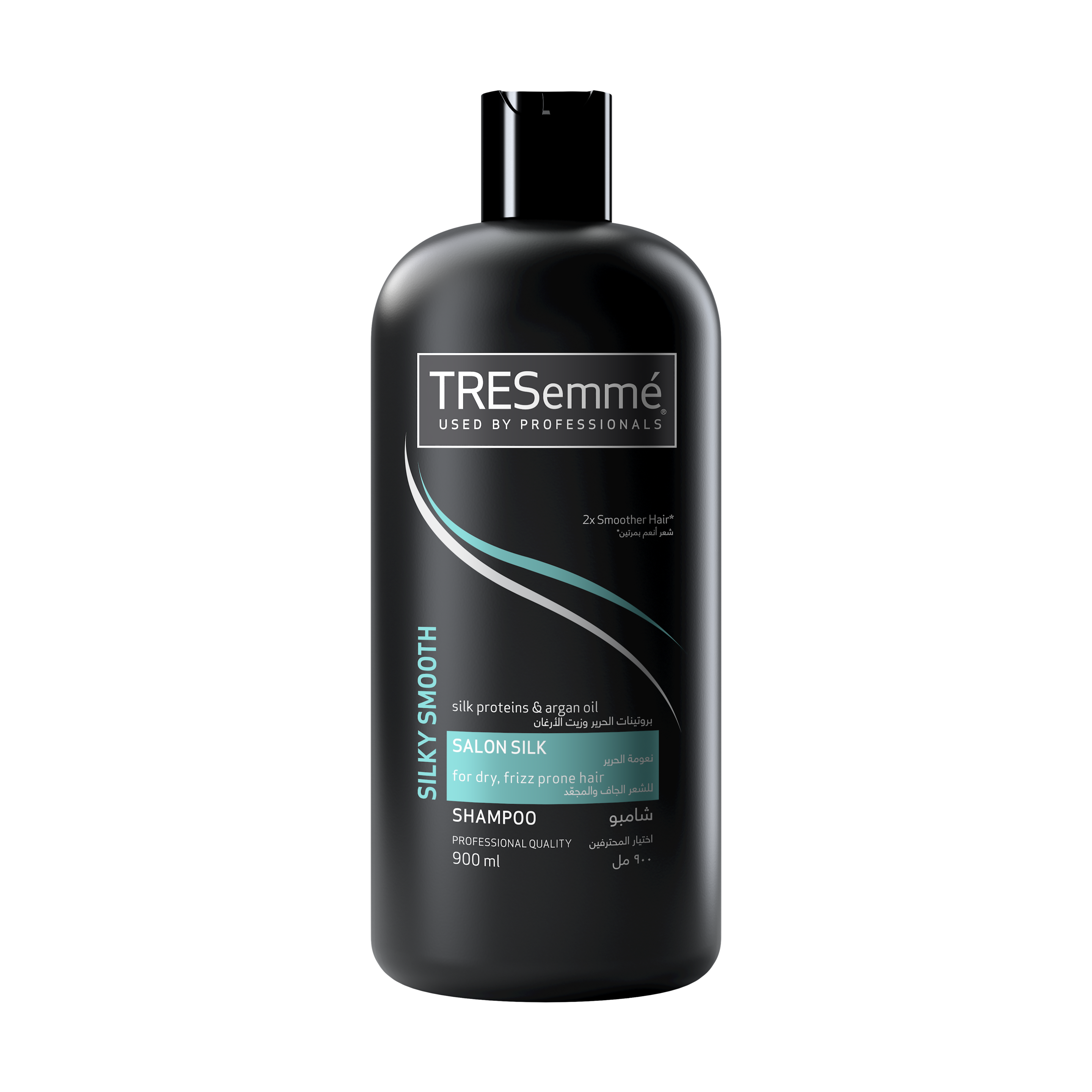A 900ml bottle of TRESemmé Salon Silk Shampoo front of pack image
