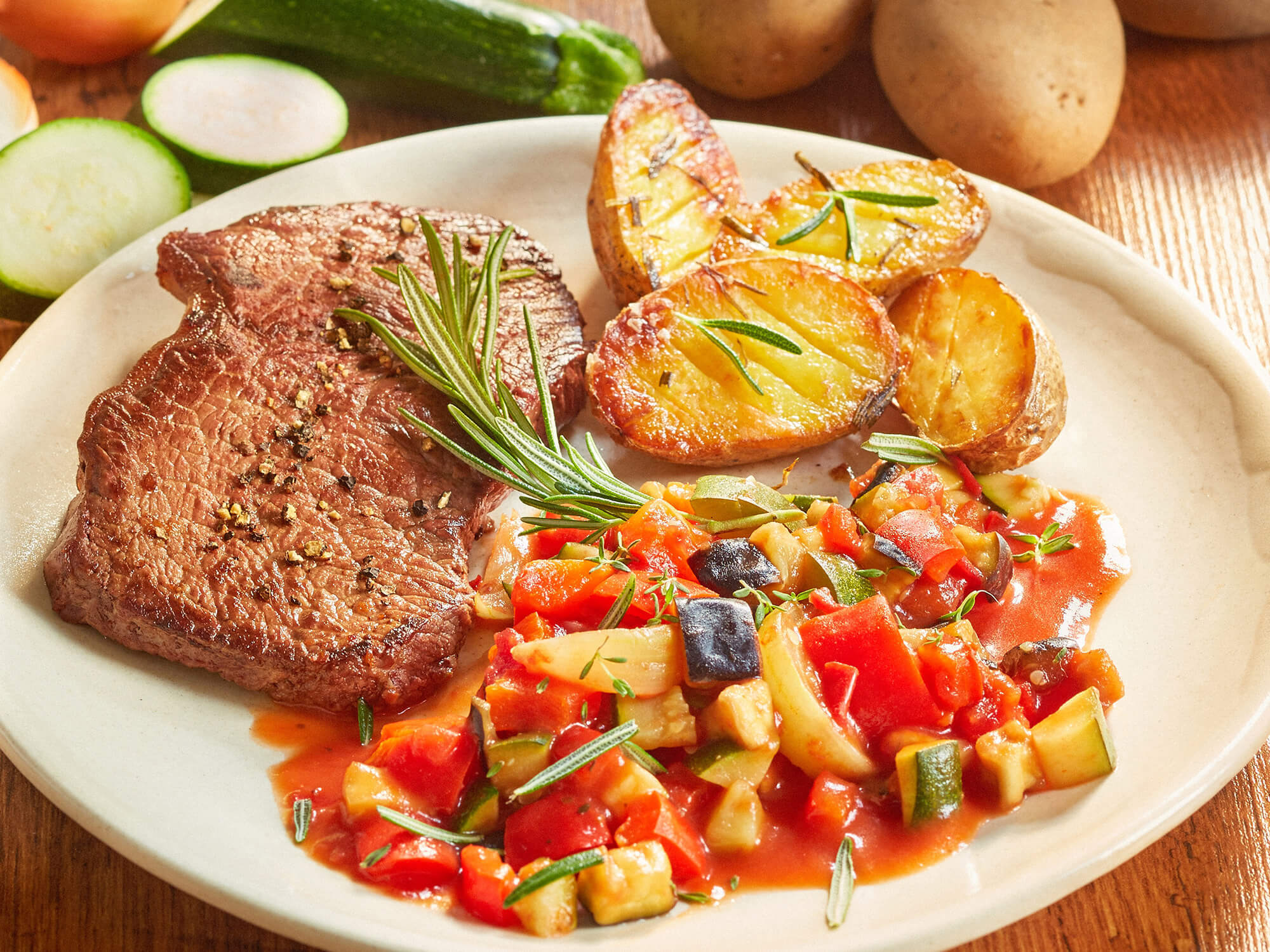 Steak, Gemüse, Kartoffeln