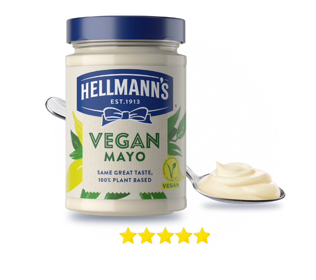 Hellmann's Vegan Mayo Packshot with mayo on a spoon