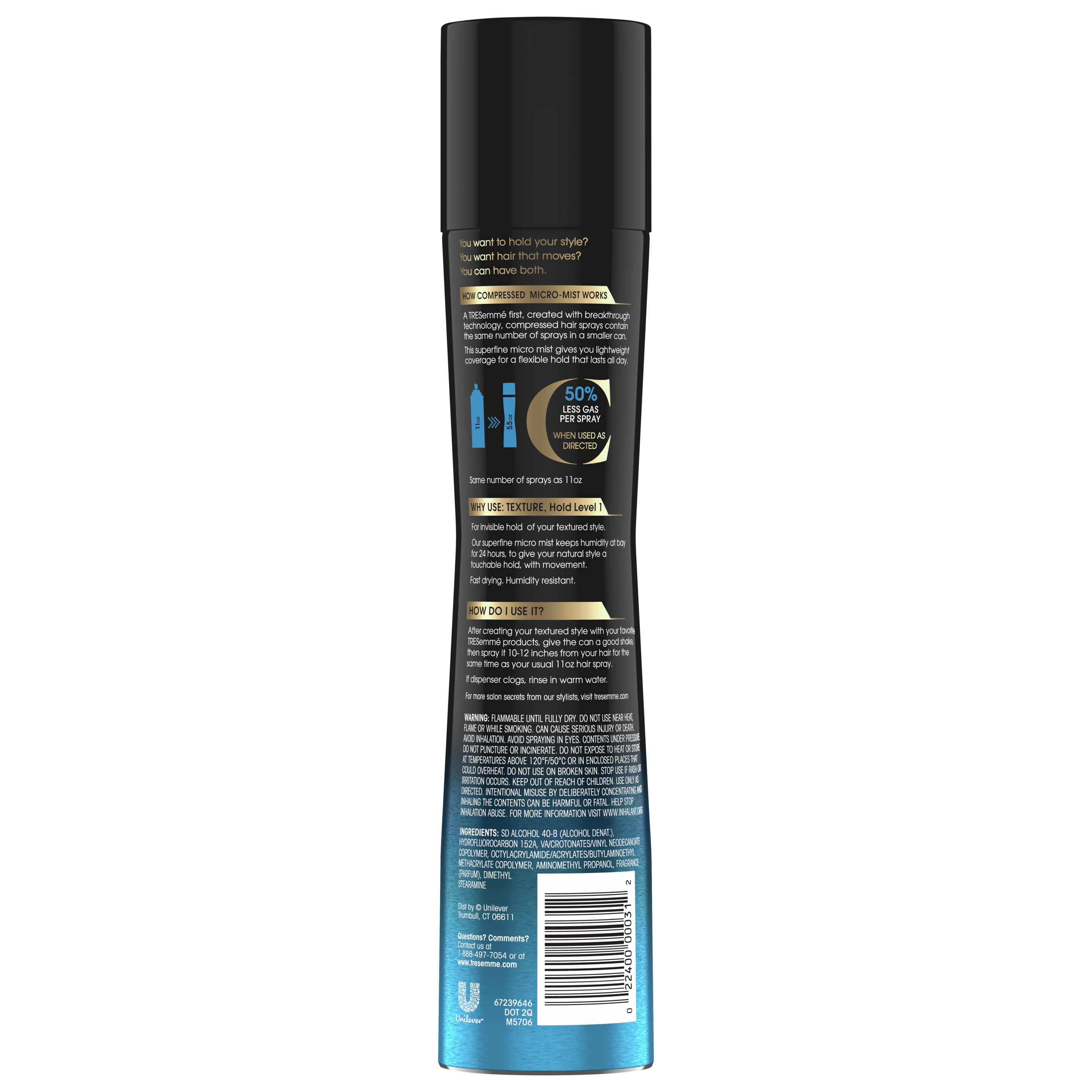 Back of hairspray pack TRESemmé Compressed Micro Mist Level 1 hair spray 155ml