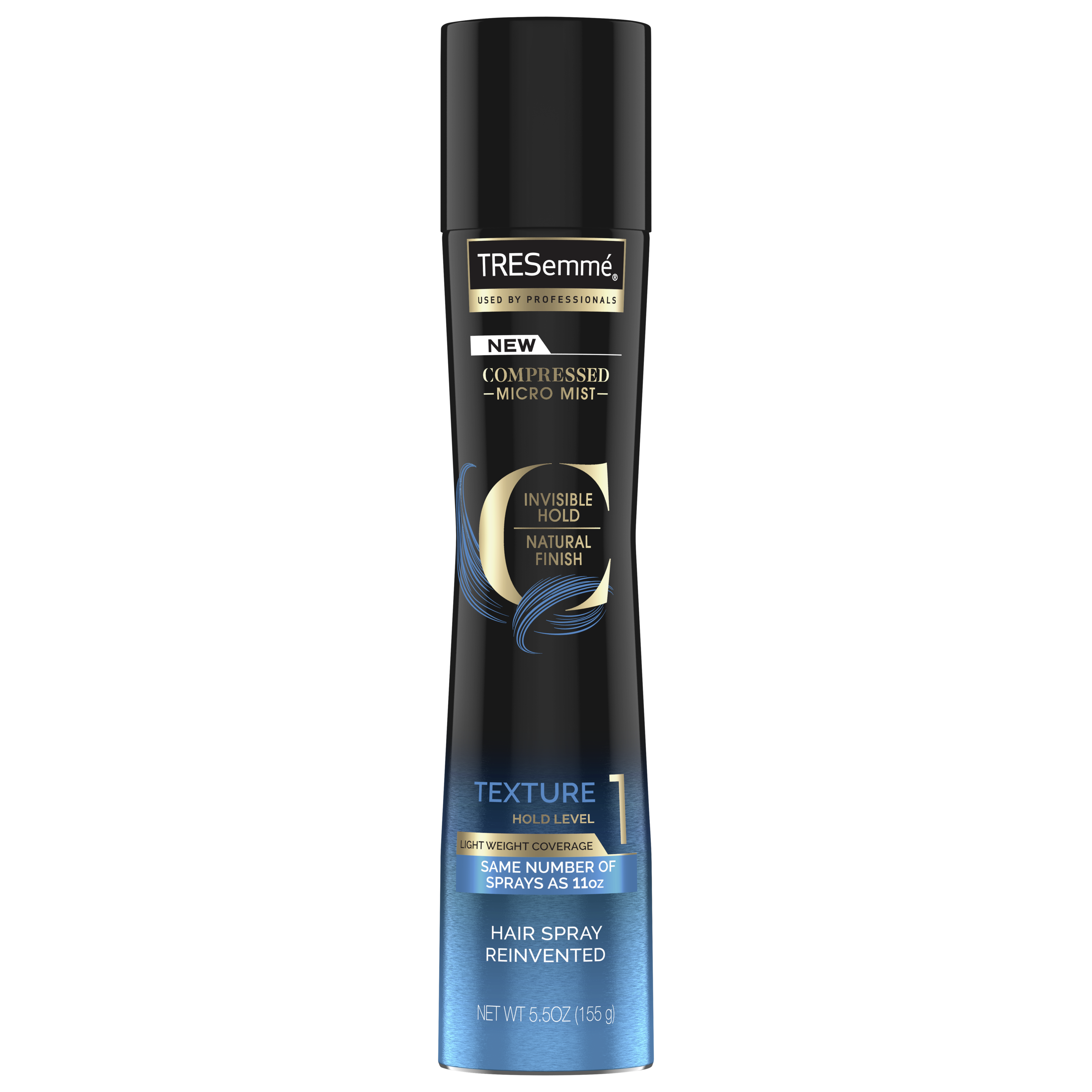 Front of hairspray pack TRESemmé Compressed Micro Mist Level 1 hair spray 155ml