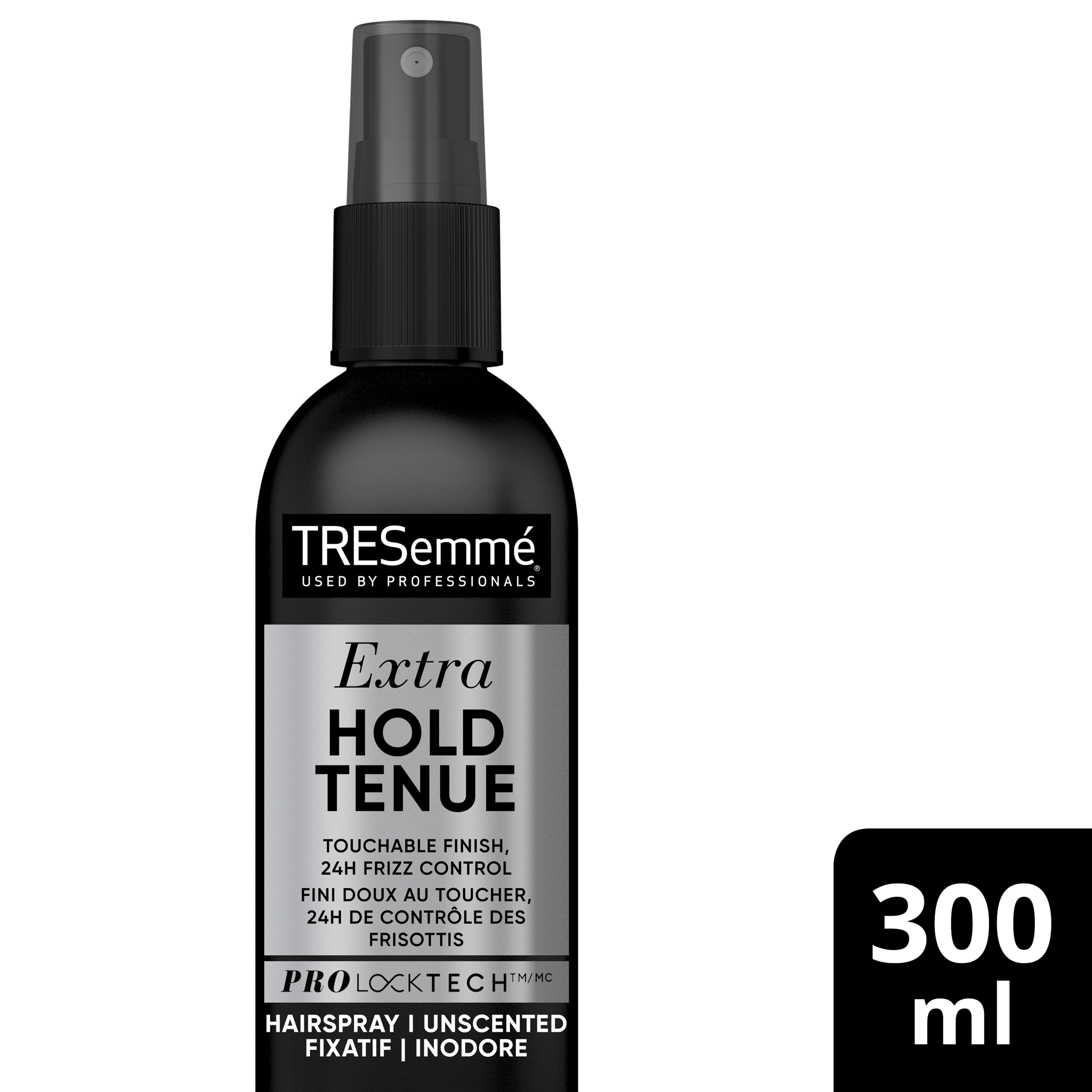 Image de l'avant d'une bouteille de TRES Two Unscented Super Hold Hair Spray de 300 ml