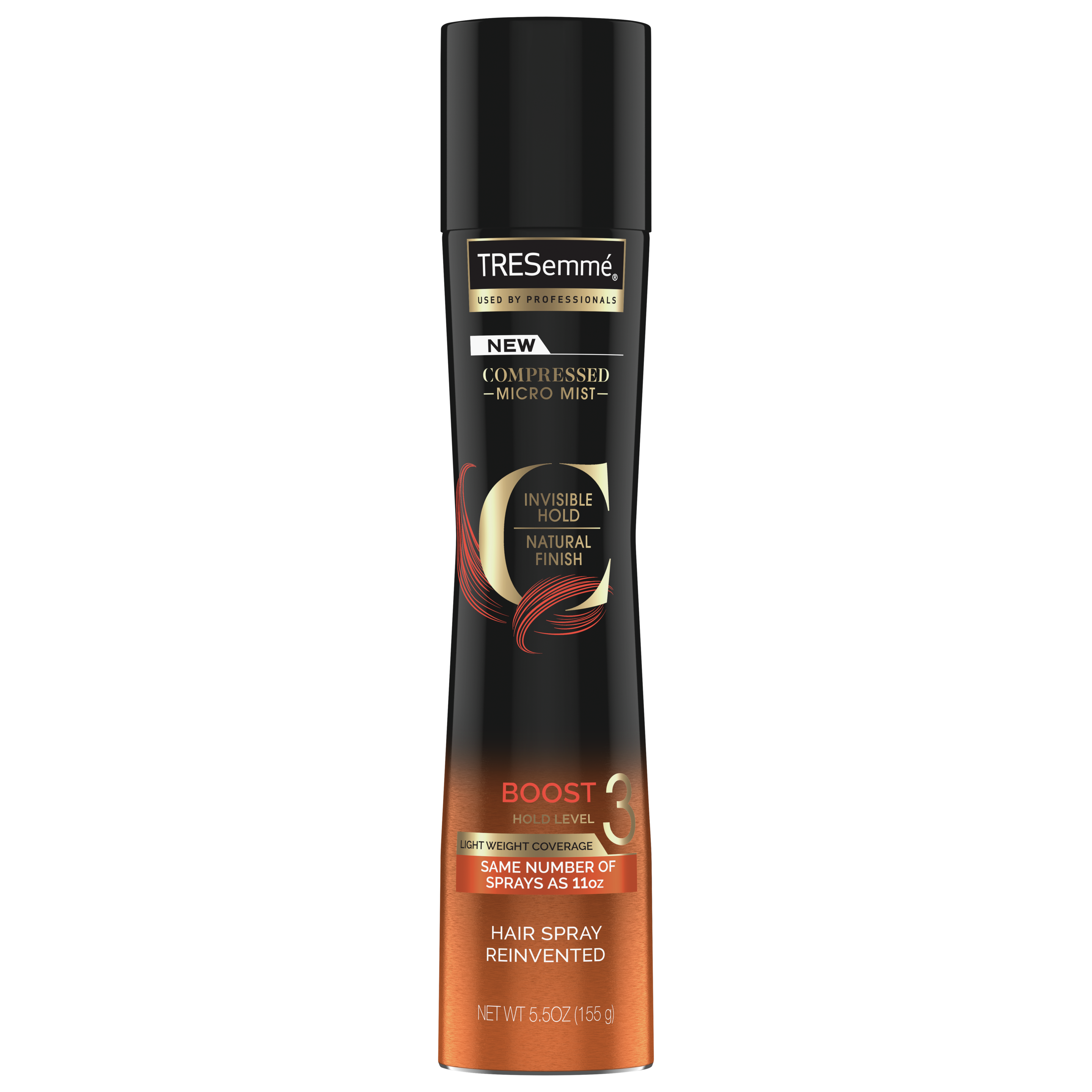 Front of hairspray pack TRESemmé Compressed Micro Mist Level 3 hair spray 155ml